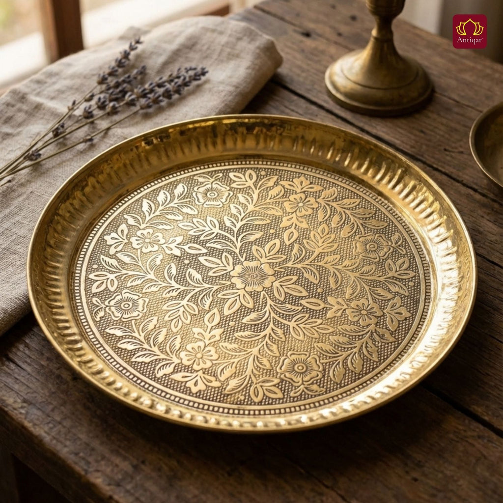 Brass Etching Floral Design Plate - 2cm | Serve Main Course items in Lunch & Dinner | Antique Golden Finish | Traditional Mughlai Style use for serving in Kitchen, Festivals and Restaurents