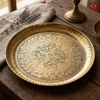 Brass Etching Floral Design Plate - 2cm | Serve Main Course items in Lunch & Dinner | Antique Golden Finish | Traditional Mughlai Style use for serving in Kitchen, Festivals and Restaurents