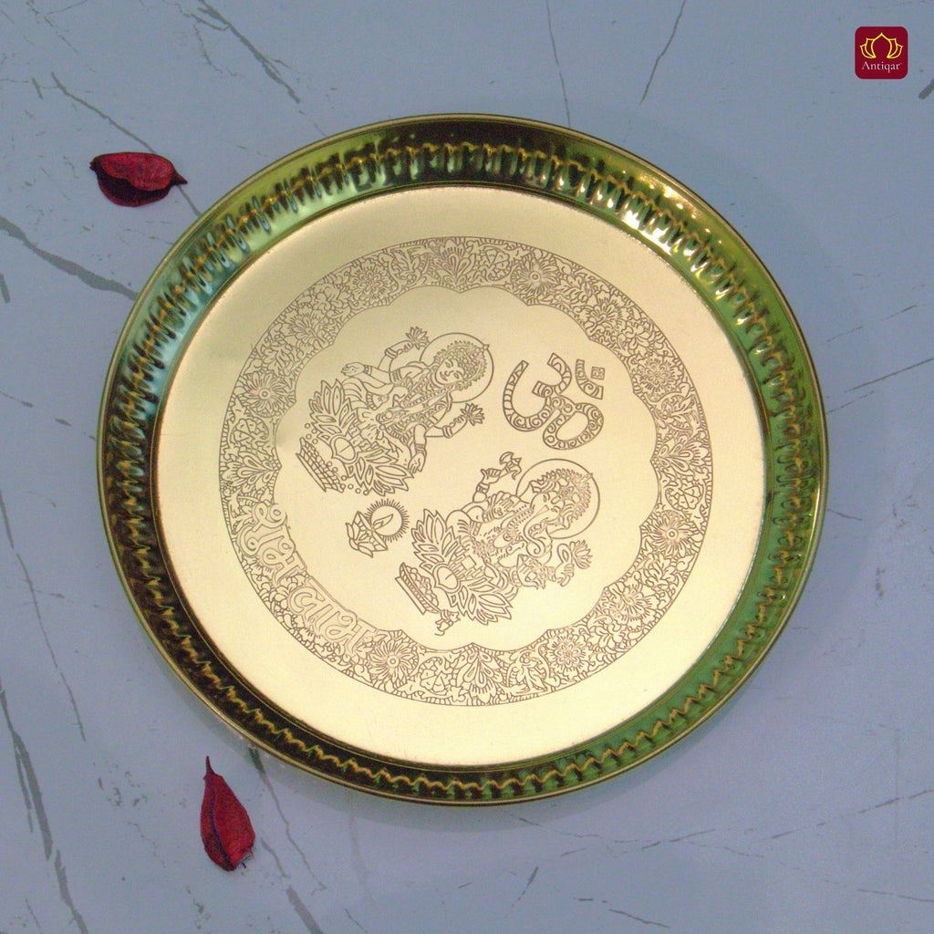 Brass Pooja Plate - 18cm diameter | Etched Design with Ganesh Laxmi, Diya & Shubh Labh | Ideal for Temple & Home Rituals