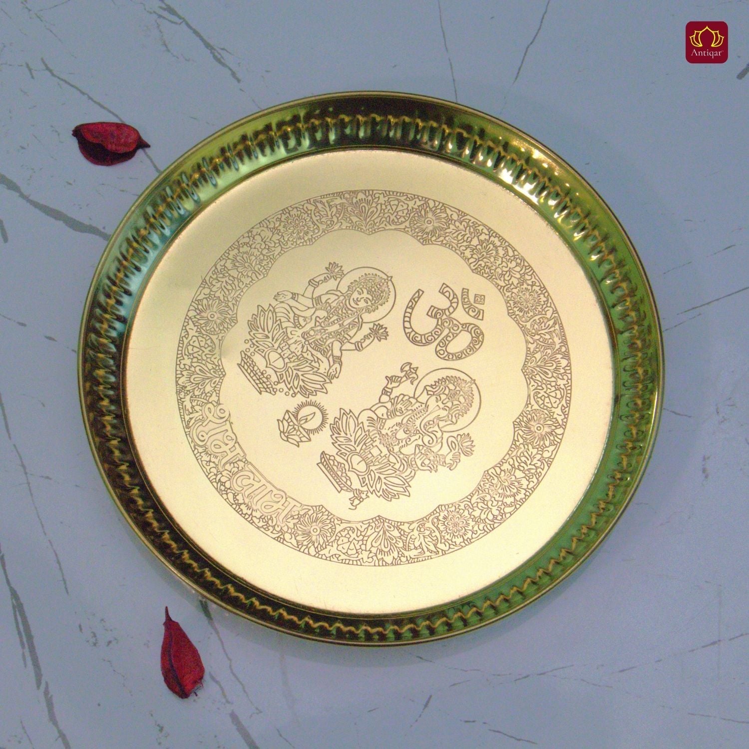 Brass Pooja Plate - 18cm diameter | Etched Design with Ganesh Laxmi, Diya & Shubh Labh | Ideal for Temple & Home Rituals
