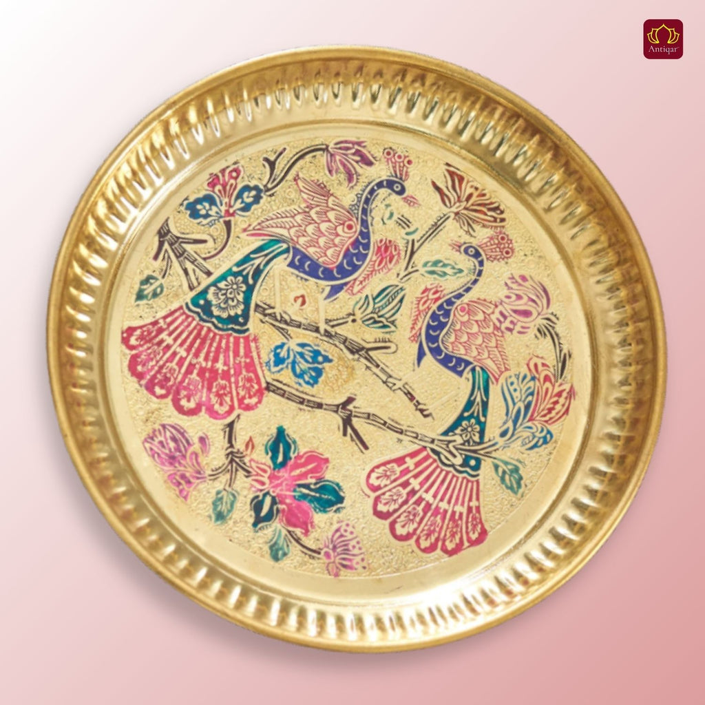Brass Meenakari Art Design Plate - 2.5cm | Serve Main Course items in Lunch & Dinner | Antique Golden Finish | Traditional Mughlai Style use for serving in Kitchen, Festivals and Restaurents