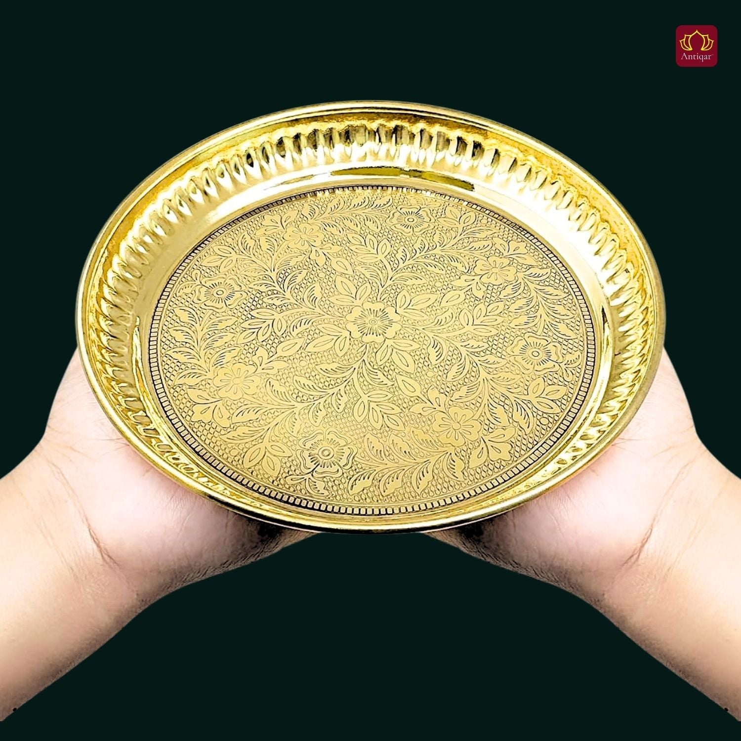 Brass Etching Floral Design Plate - 2cm | Serve Main Course items in Lunch & Dinner | Antique Golden Finish | Traditional Mughlai Style use for serving in Kitchen, Festivals and Restaurents