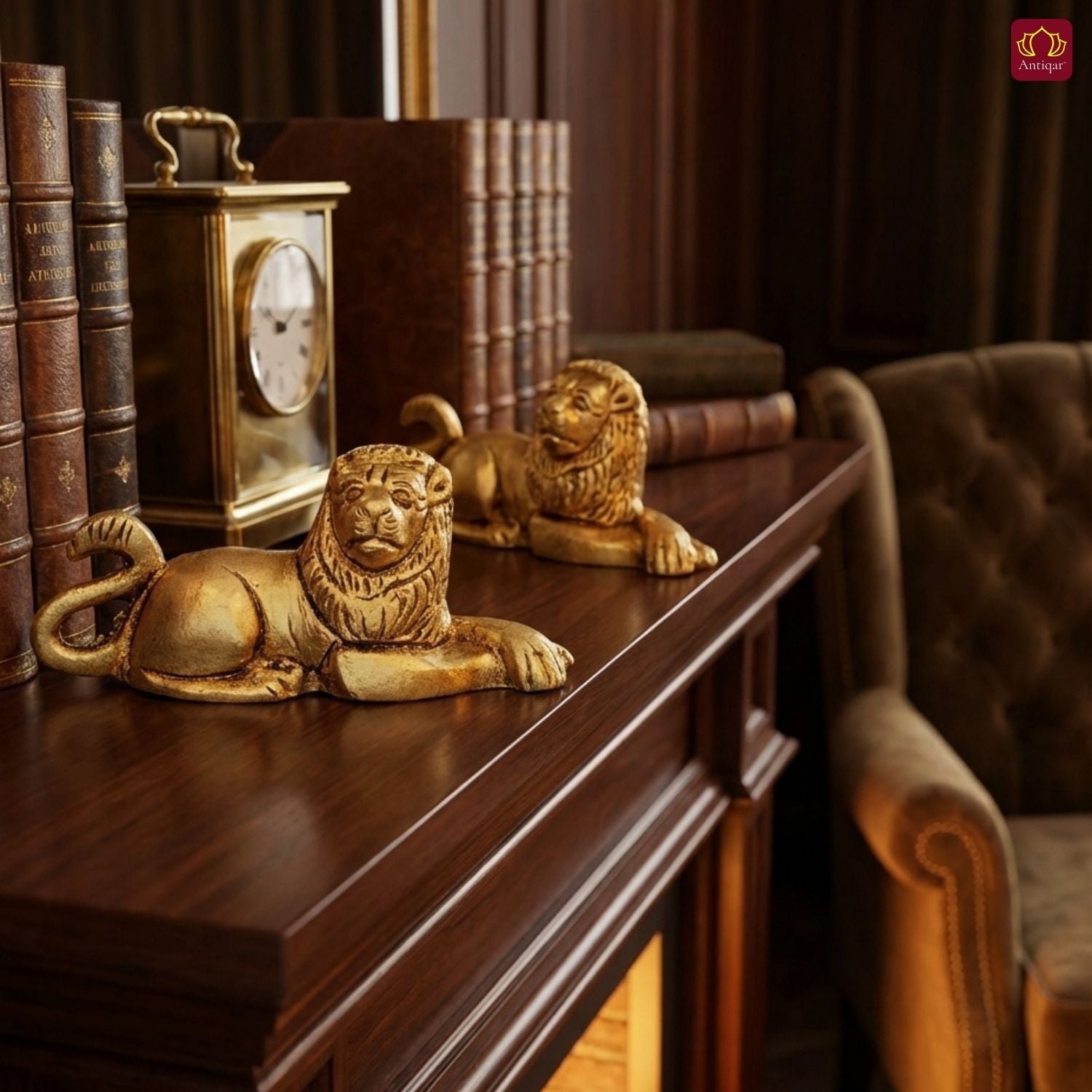 Brass Lion Pair Showpiece – 4 cm | Sitting Position | Antique Golden Finish | Handcrafted Figurines for Home, Table & Vastu Decor