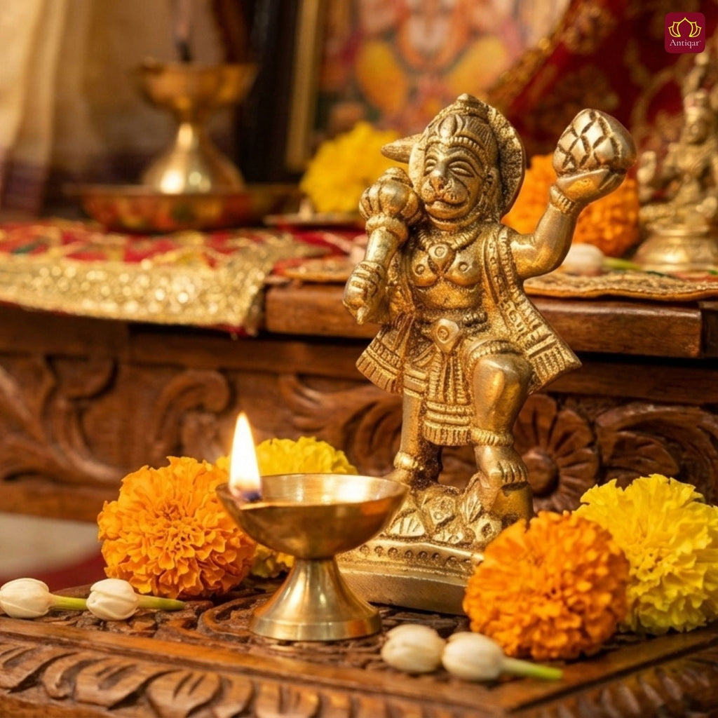 Standing Hanuman Ji Brass Idol - 8cm | Antique Golden Finish | Handcrafted Statue for Temple, Home & Car Dashboard Decor