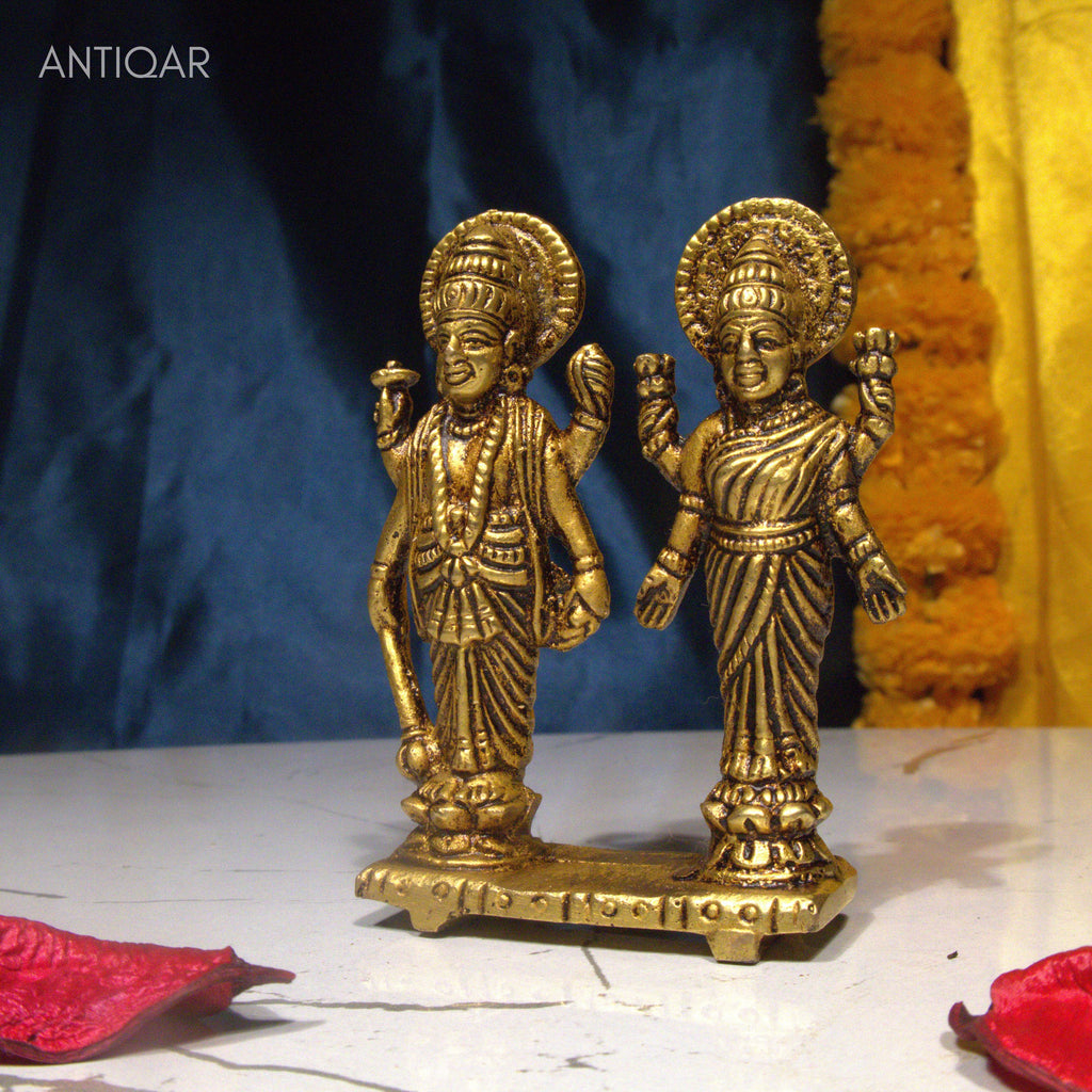 Brass Laxmi Narayan pair Idol - 8cm | Standing on Lotus | Antique Finish | Spiritual Idol for Temple & Home Decor