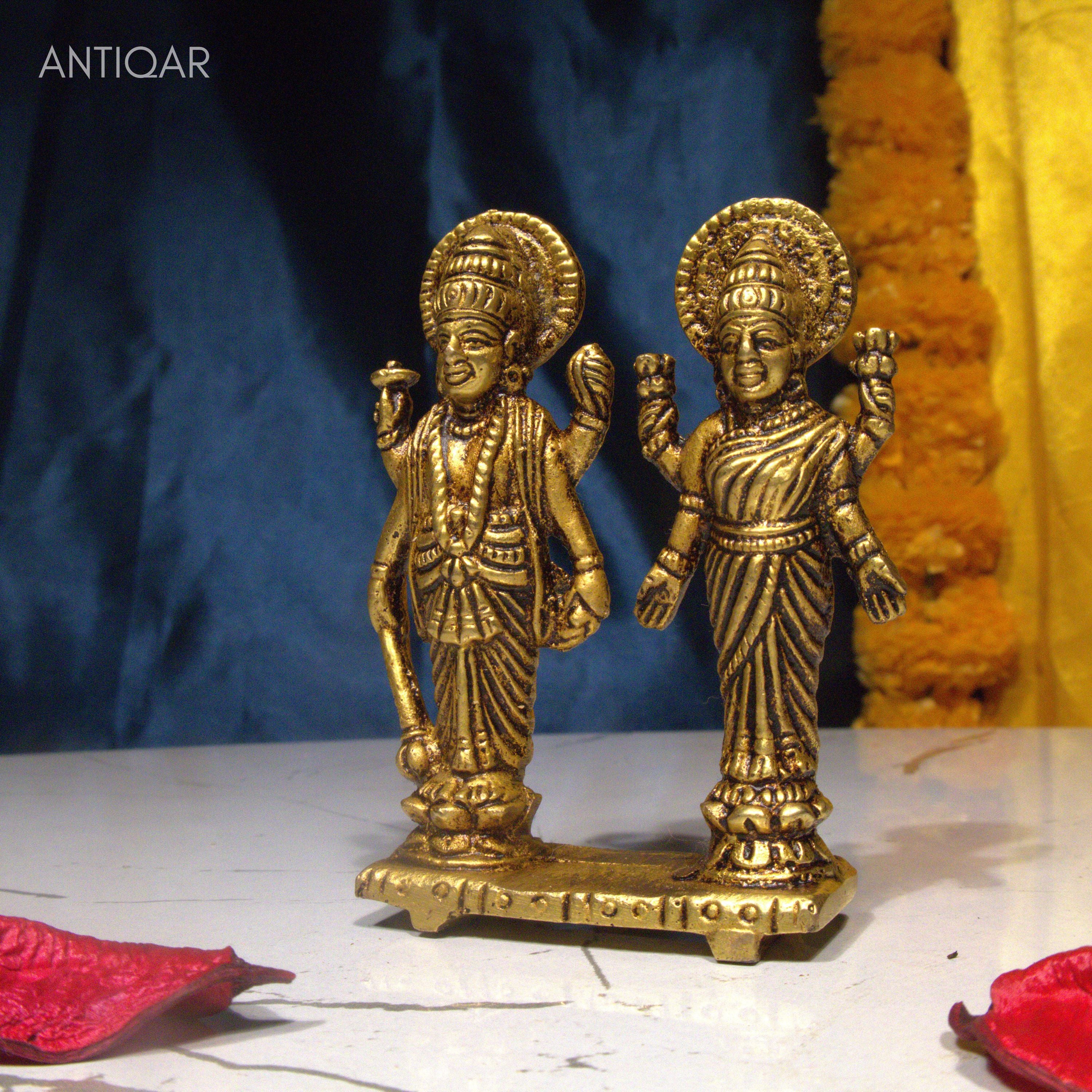 Brass Laxmi Narayan pair Idol - 8cm | Standing on Lotus | Antique Finish | Spiritual Idol for Temple & Home Decor
