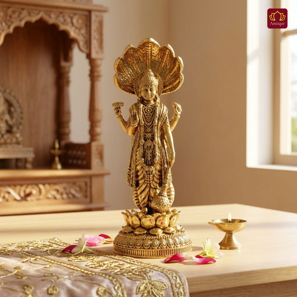 Brass Vishnu Ji Idol - 9cm| Standing on Lotus | GoldenFinish | Spiritual Decor for Temple, Home & Car Dashboard