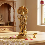 Brass Vishnu Ji Idol - 9cm| Standing on Lotus | GoldenFinish | Spiritual Decor for Temple, Home & Car Dashboard