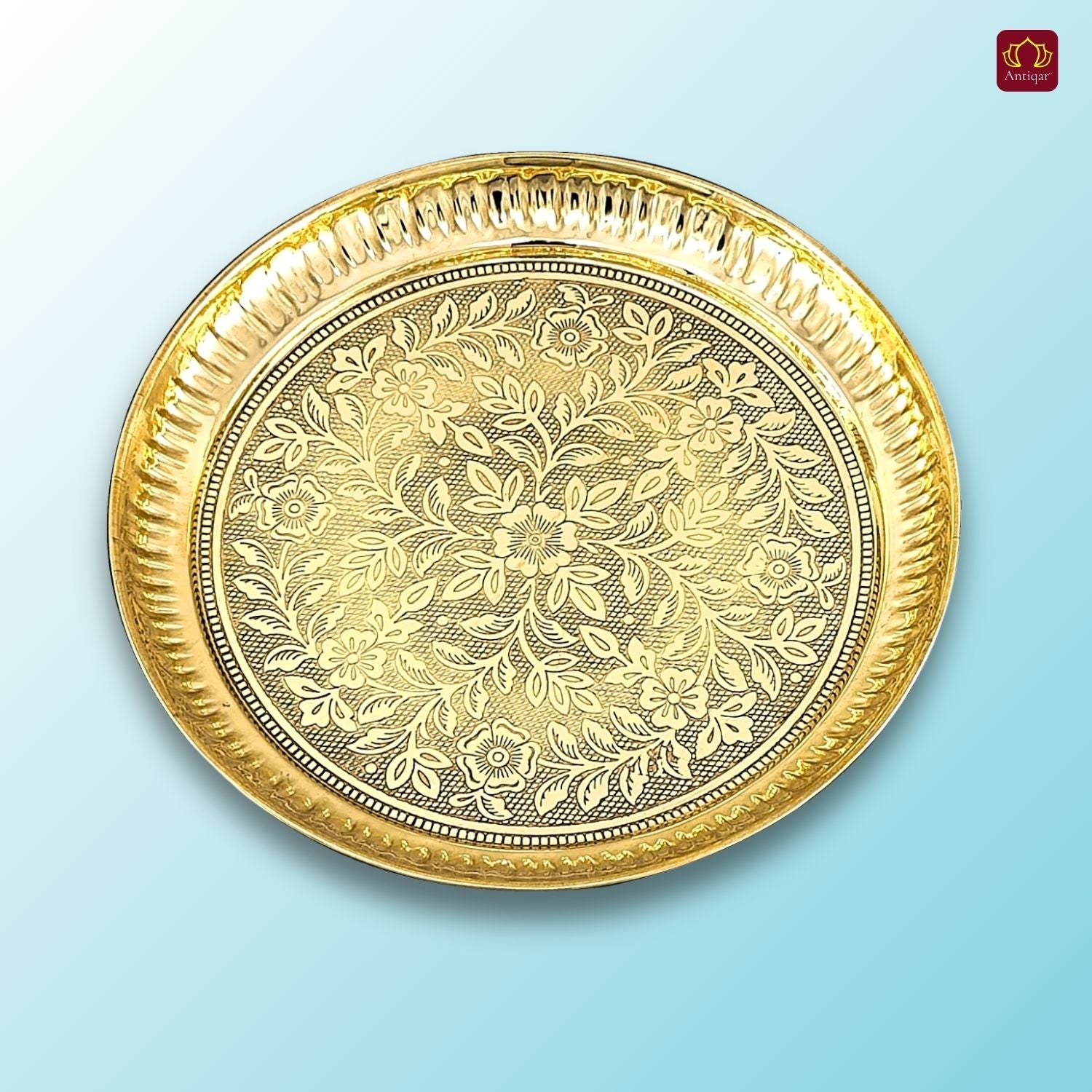 Brass Etching Floral Design Plate - 2cm | Serve Main Course items in Lunch & Dinner | Antique Golden Finish | Traditional Mughlai Style use for serving in Kitchen, Festivals and Restaurents