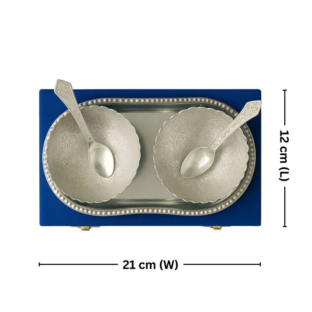 Royal Dry Fruit & Paan Dan Serving Set | Silver Plated | Blue Velvet Box | Set of 5 | Handcrafted Artistry | Festive & Decorative Showpiece