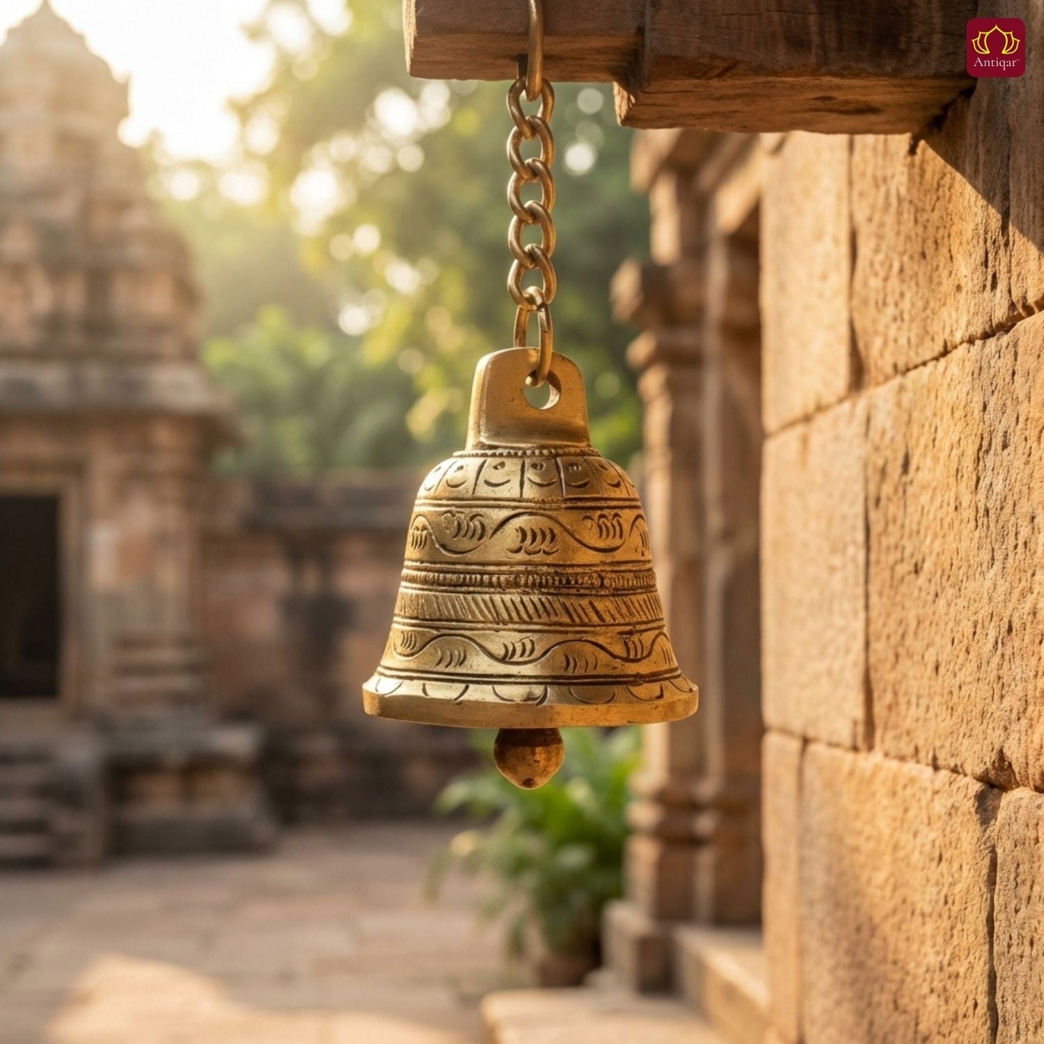 Designer Brass Bell with Kunda Chain – 6 cm | Antique Golden Finish | Handcrafted Puja Hanging for Temple, Home & Festival Decor