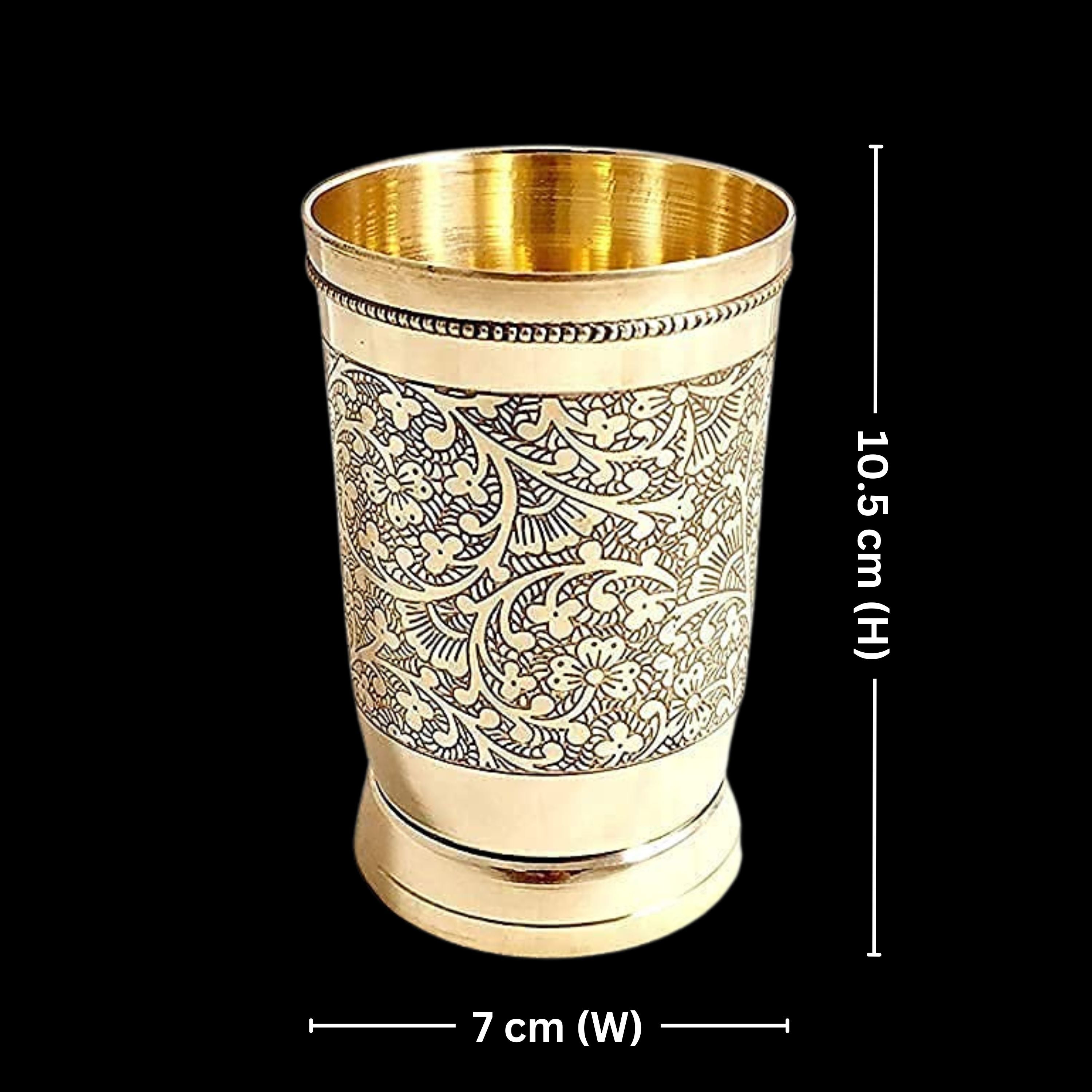 Brass Etching Design Glass - 10.5cm | Serve water & Milks | Antique Golden Finish | Traditional Mughlai Style use for serving in Kitchen, Festivals and Restaurents