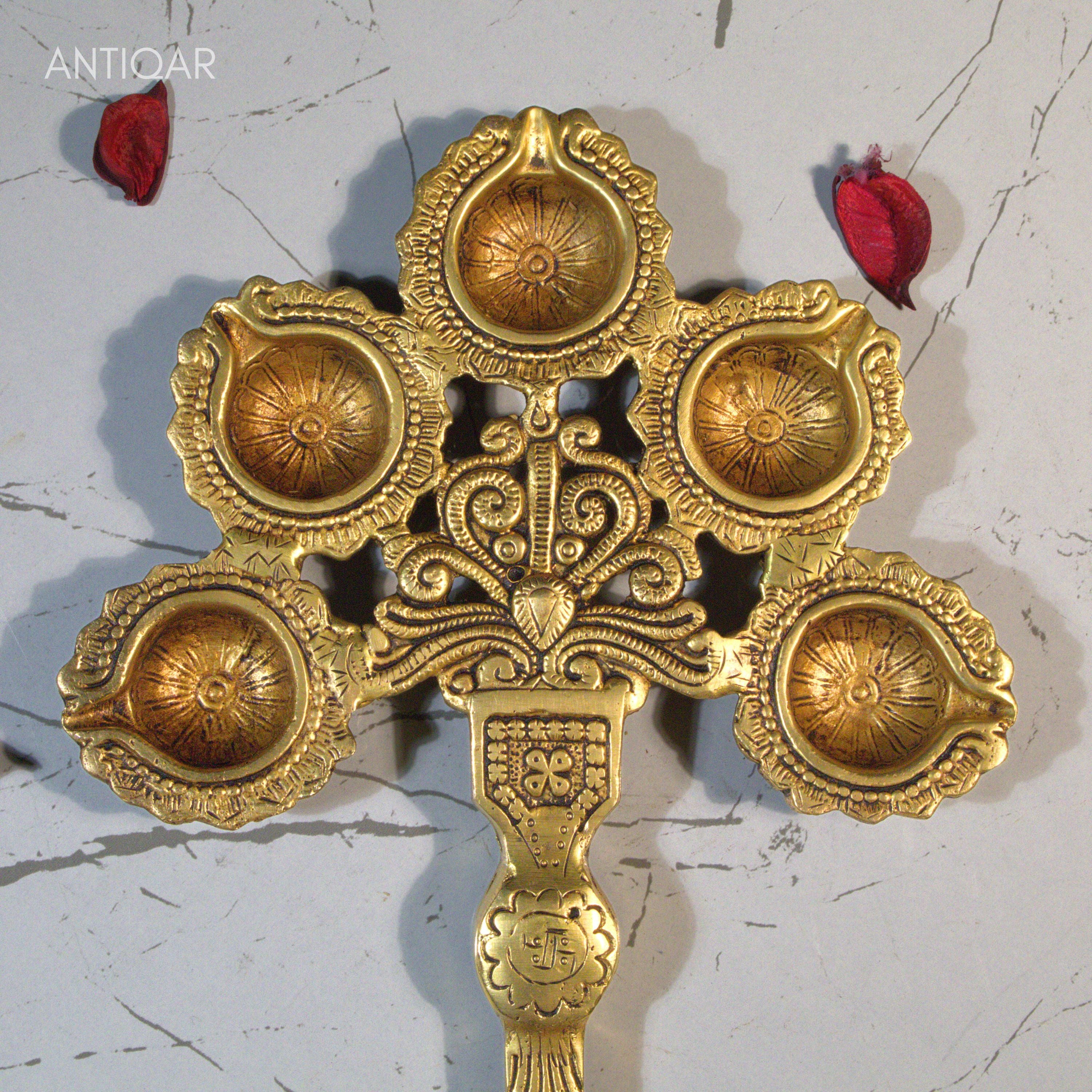 Brass Panch diya Aarti in Vintage Design Handle - 3cm | Antique Golden Finish | Handcrafted for Pooja Temple & Festival Decor