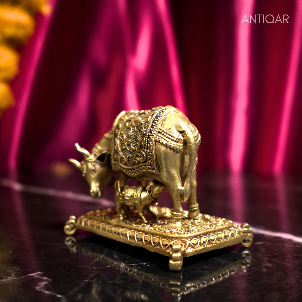 Brass Kamdhenu Cow & Calf Figurine - 4.5cm | Antique Golden Finish | Spritual use for Home, Temple & Dashboard Decor
