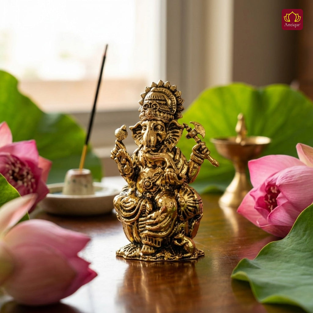 Brass Ganesh JI Idol - 5cm | Golden Finish | Spiritual Decor for Temple, Home & Car Dashboard