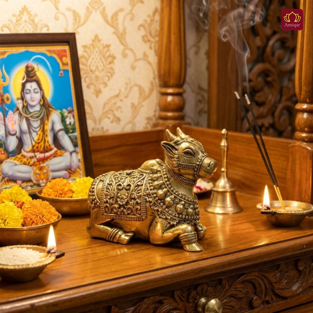 Brass Nandi Figurine - 6cm | Antique Finish | Spritual use for Home, Temple & Car Dashboard Decor