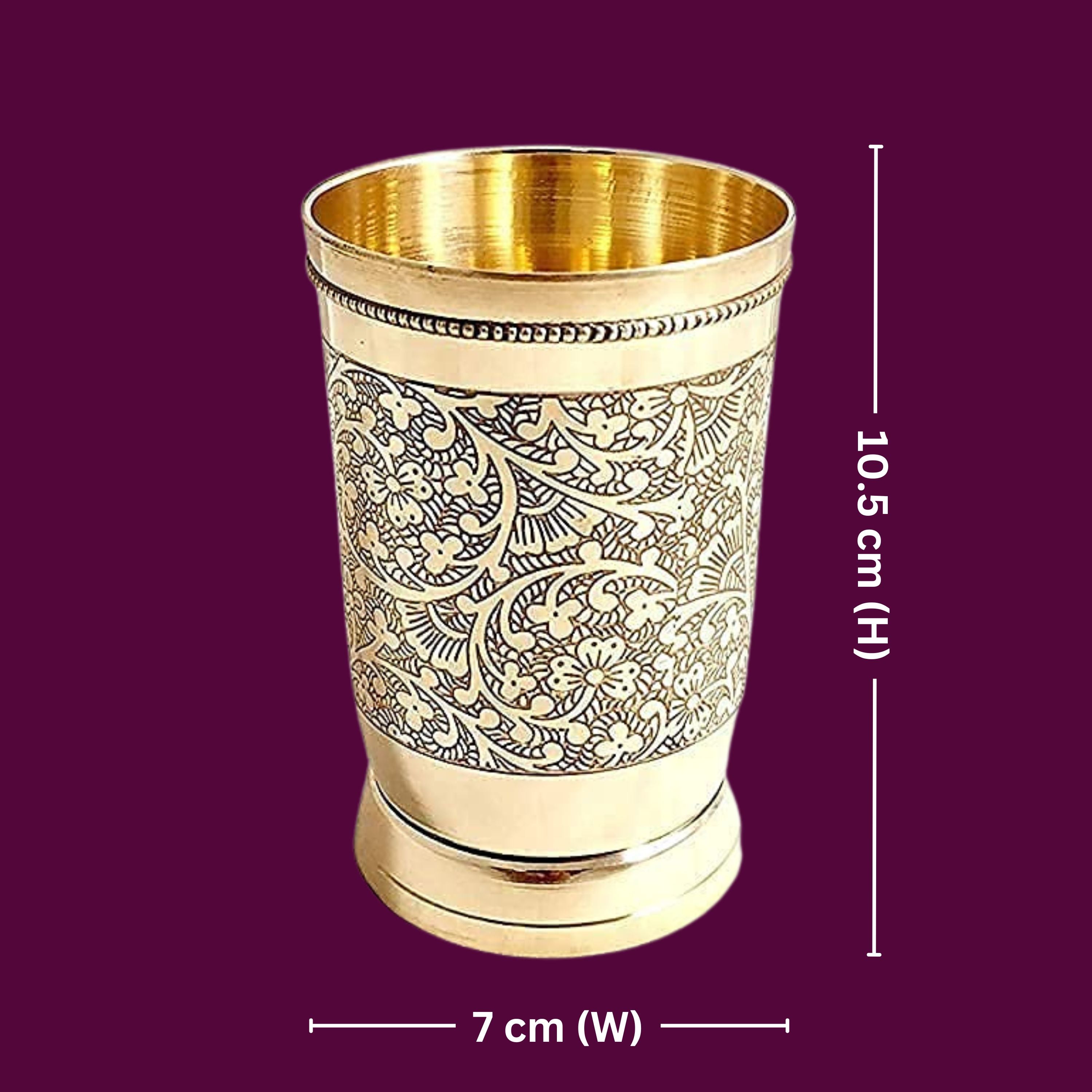 Brass Etching Design Glass - 10.5cm | Serve water & Milks | Antique Golden Finish | Traditional Mughlai Style use for serving in Kitchen, Festivals and Restaurents  (Pack of 3 set)