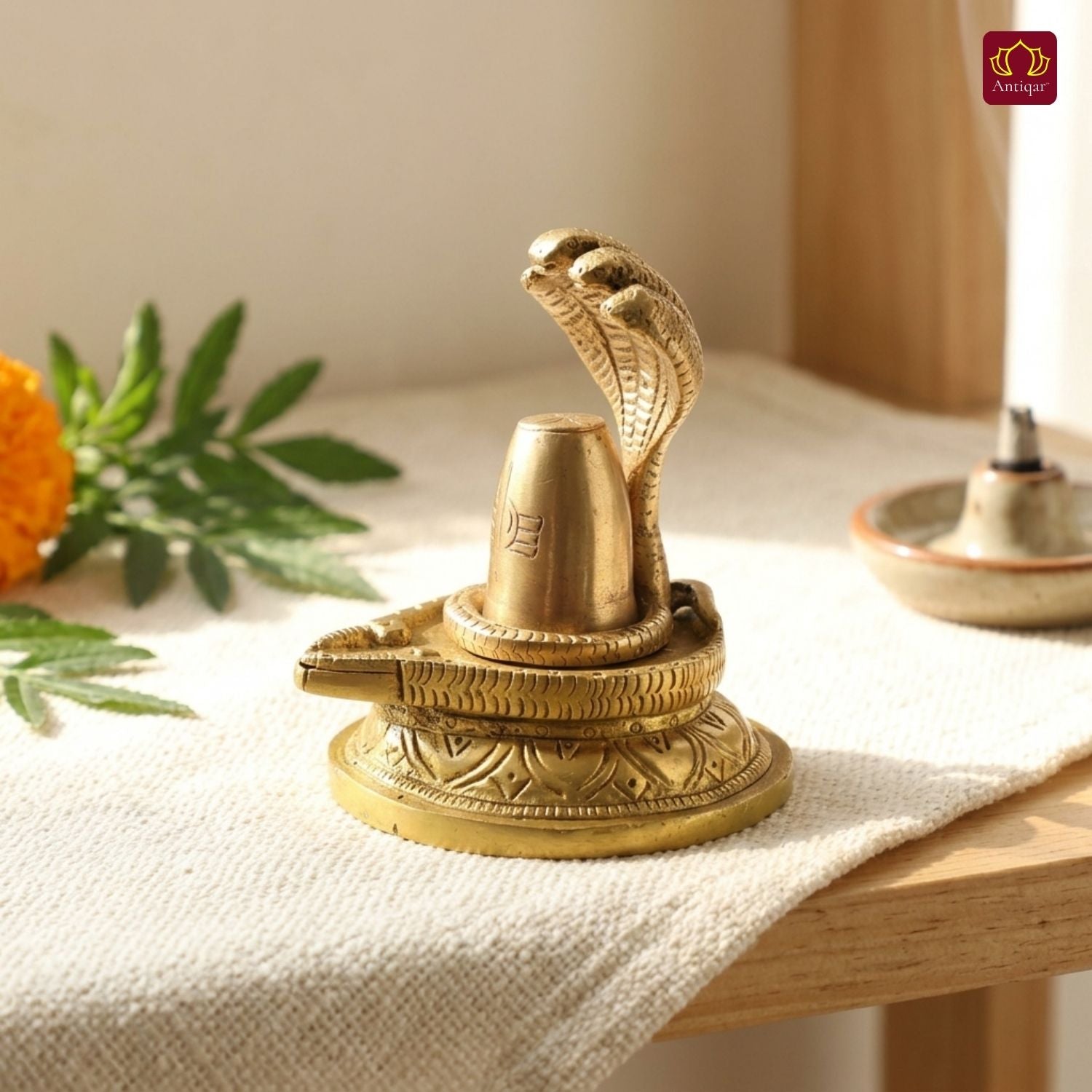 Brass Shivling with Detachable Sheshnaag – 10 cm | Antique Golden Finish | Handcrafted Spiritual Idol for Temple, Home & Car Dashboard Decor