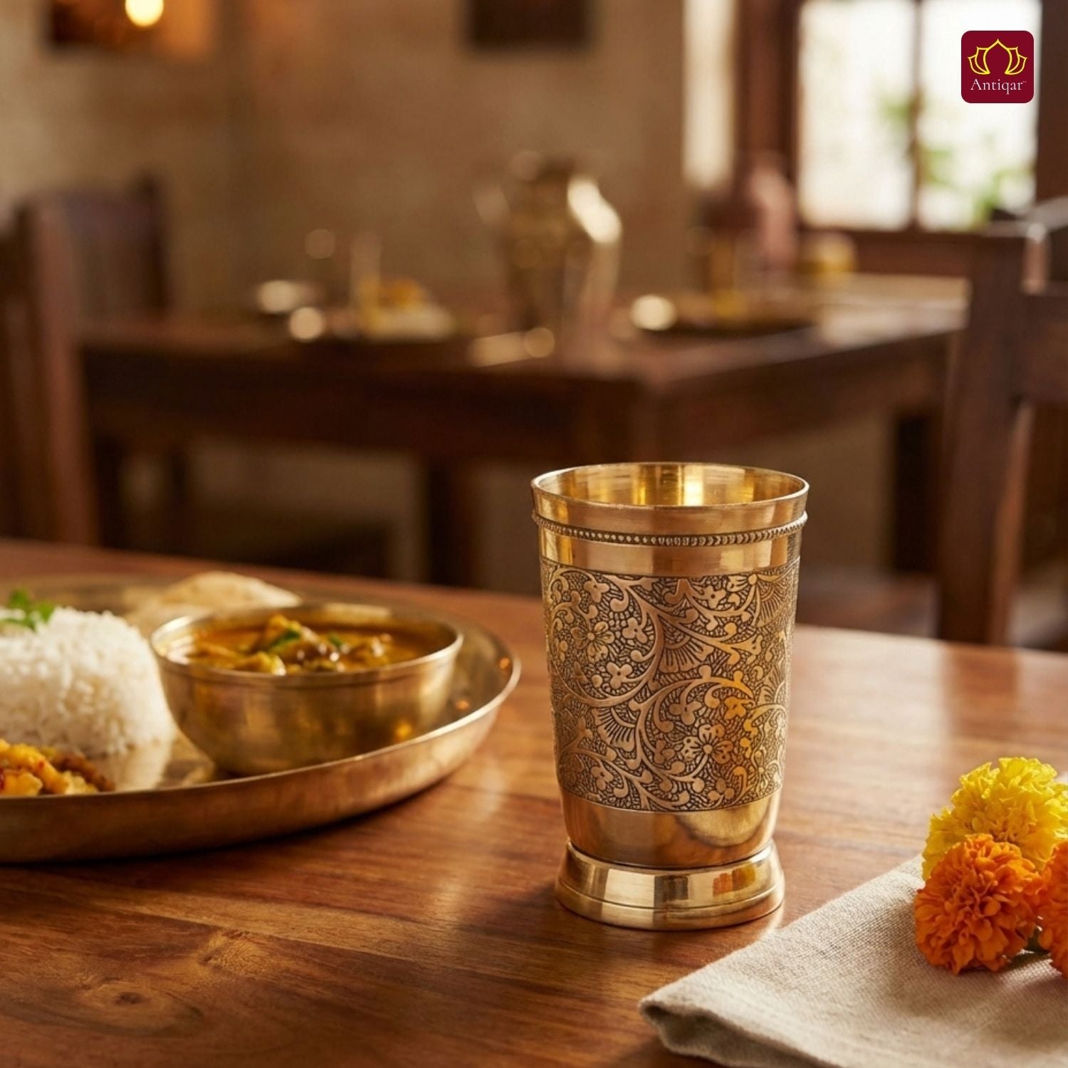 Brass Etching Design Glass - 10.5cm | Serve water & Milks | Antique Golden Finish | Traditional Mughlai Style use for serving in Kitchen, Festivals and Restaurents