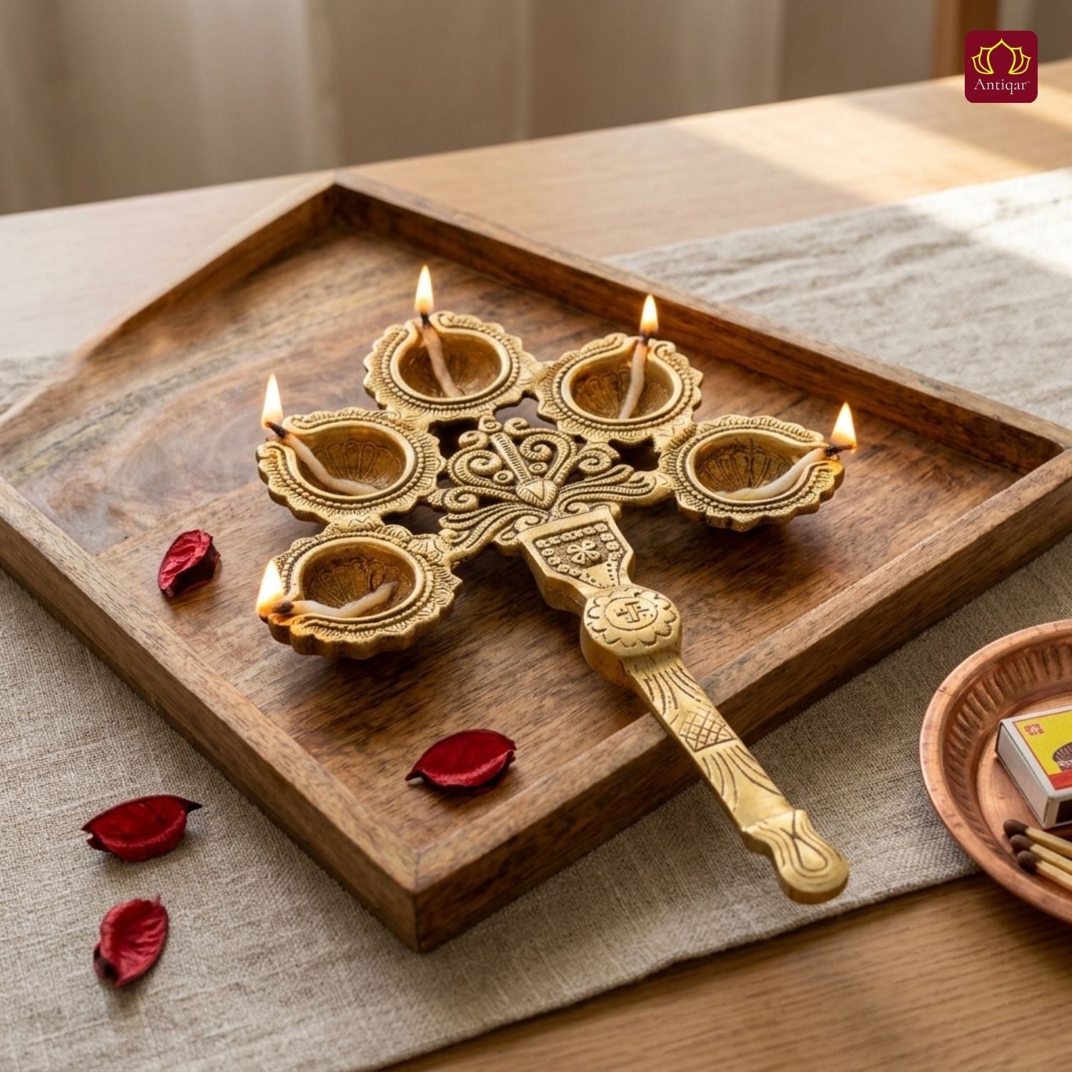 Brass Panch diya Aarti in Vintage Design Handle - 3cm | Antique Golden Finish | Handcrafted for Pooja Temple & Festival Decor