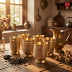 Brass Etching Design Glass - 10.5cm | Serve water & Milks | Antique Golden Finish | Traditional Mughlai Style use for serving in Kitchen, Festivals and Restaurents  (Pack of 6 set)
