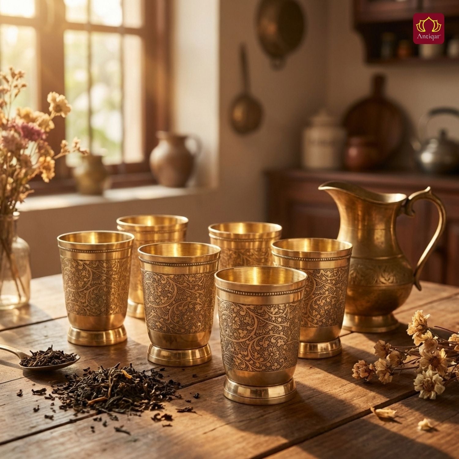 Brass Etching Design Glass - 10.5cm | Serve water & Milks | Antique Golden Finish | Traditional Mughlai Style use for serving in Kitchen, Festivals and Restaurents  (Pack of 6 set)