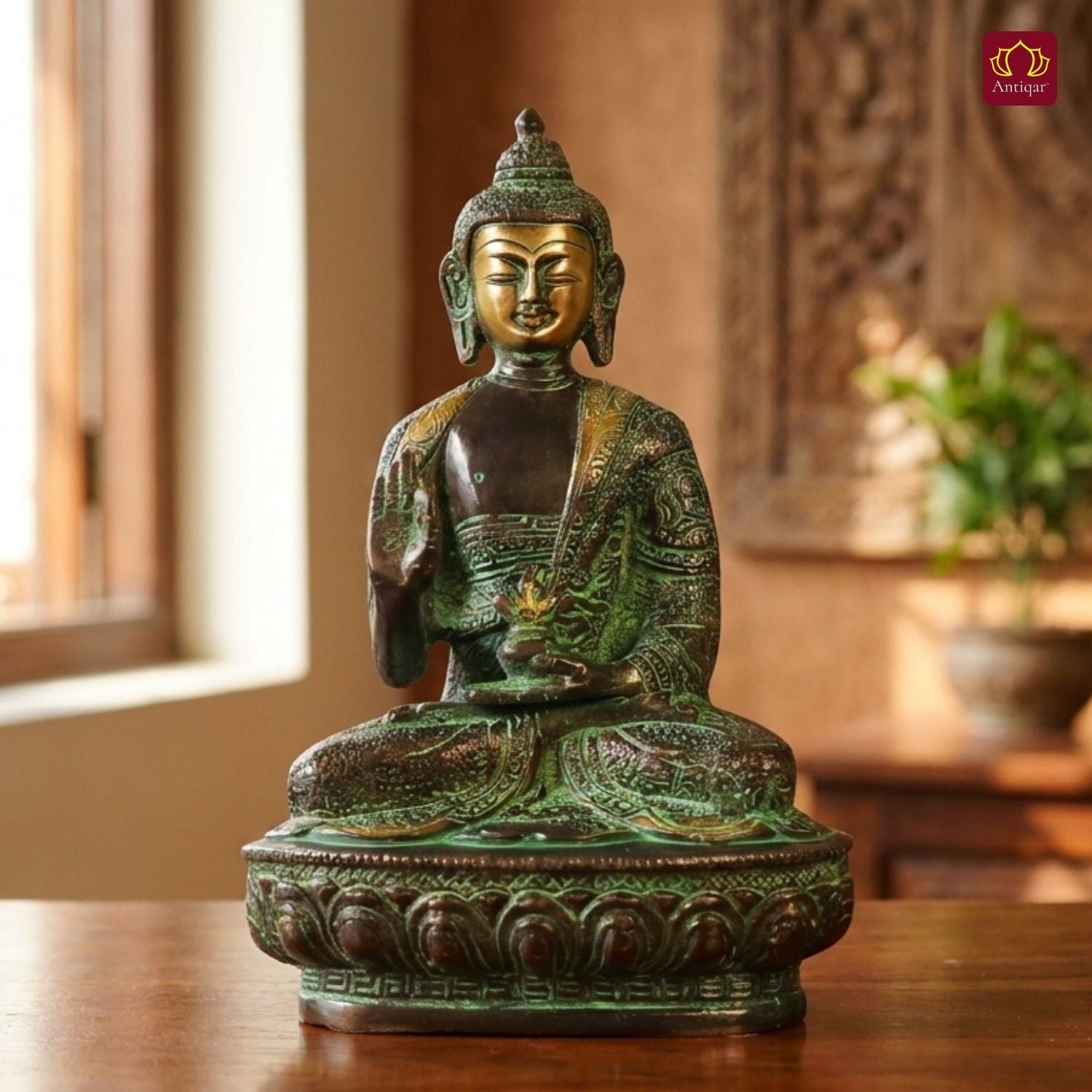 Brass Buddha Statue | Black Antique & Green Patina Finish | Home & Office Décor | Perfect for Meditation, Gifting & Spiritual Ambiance