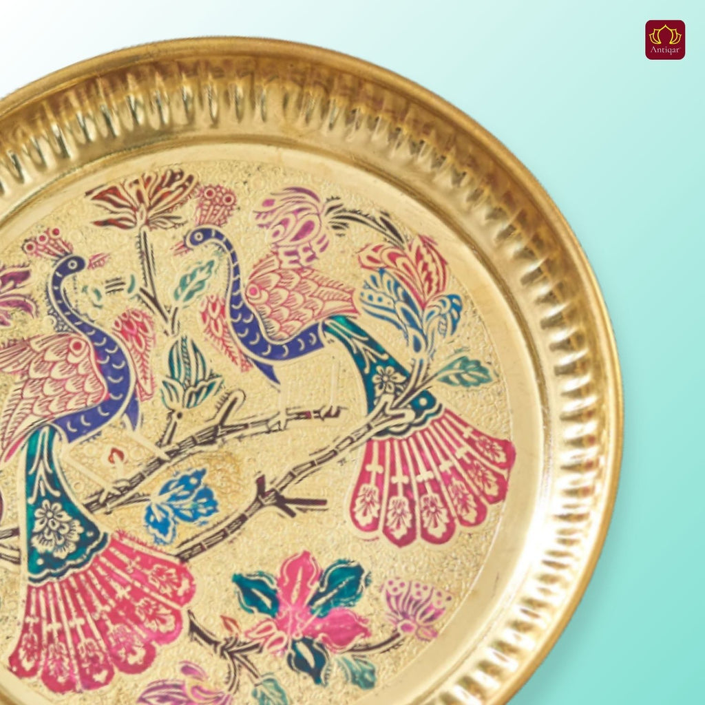 Brass Meenakari Etched Plate – 3cm | Embossed Peacock & Floral Design | Ideal for Serving Sweets, Fruits & Bhog Offerings
