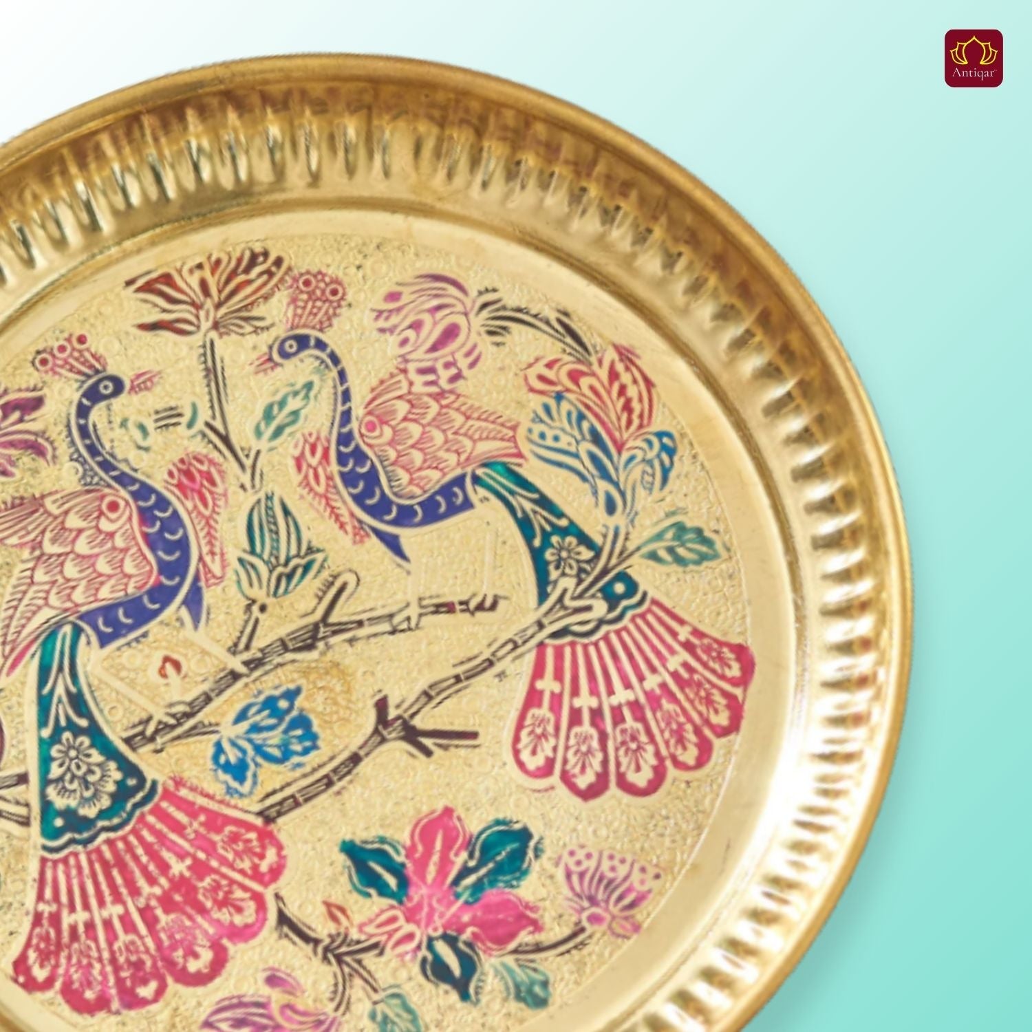 Brass Meenakari Etched Plate – 3cm | Embossed Peacock & Floral Design | Ideal for Serving Sweets, Fruits & Bhog Offerings