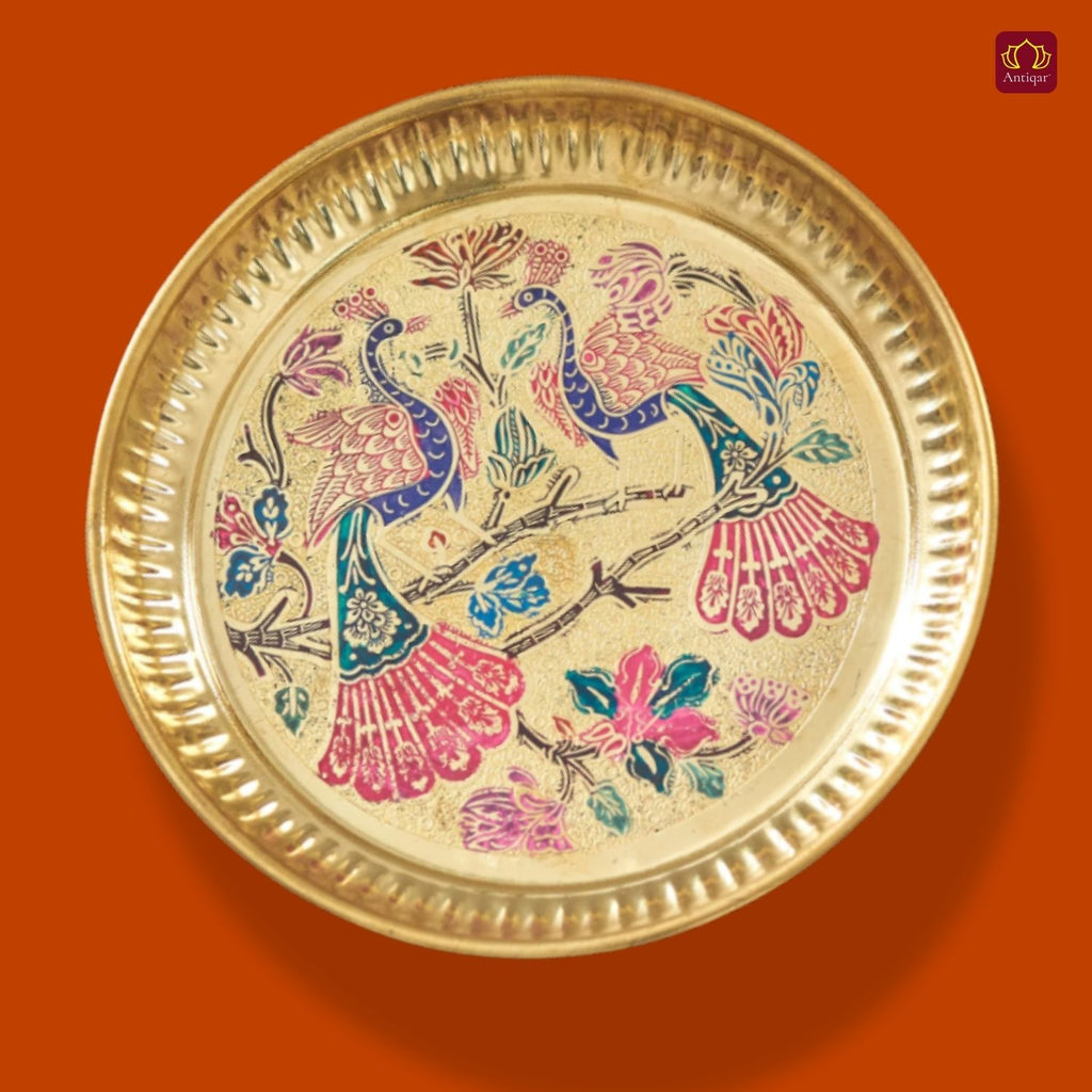 Brass Meenakari Art Design Plate - 2cm | Serve Main Course items in Lunch & Dinner | Antique Golden Finish | Traditional Mughlai Style use for serving in Kitchen, Festivals and Restaurents