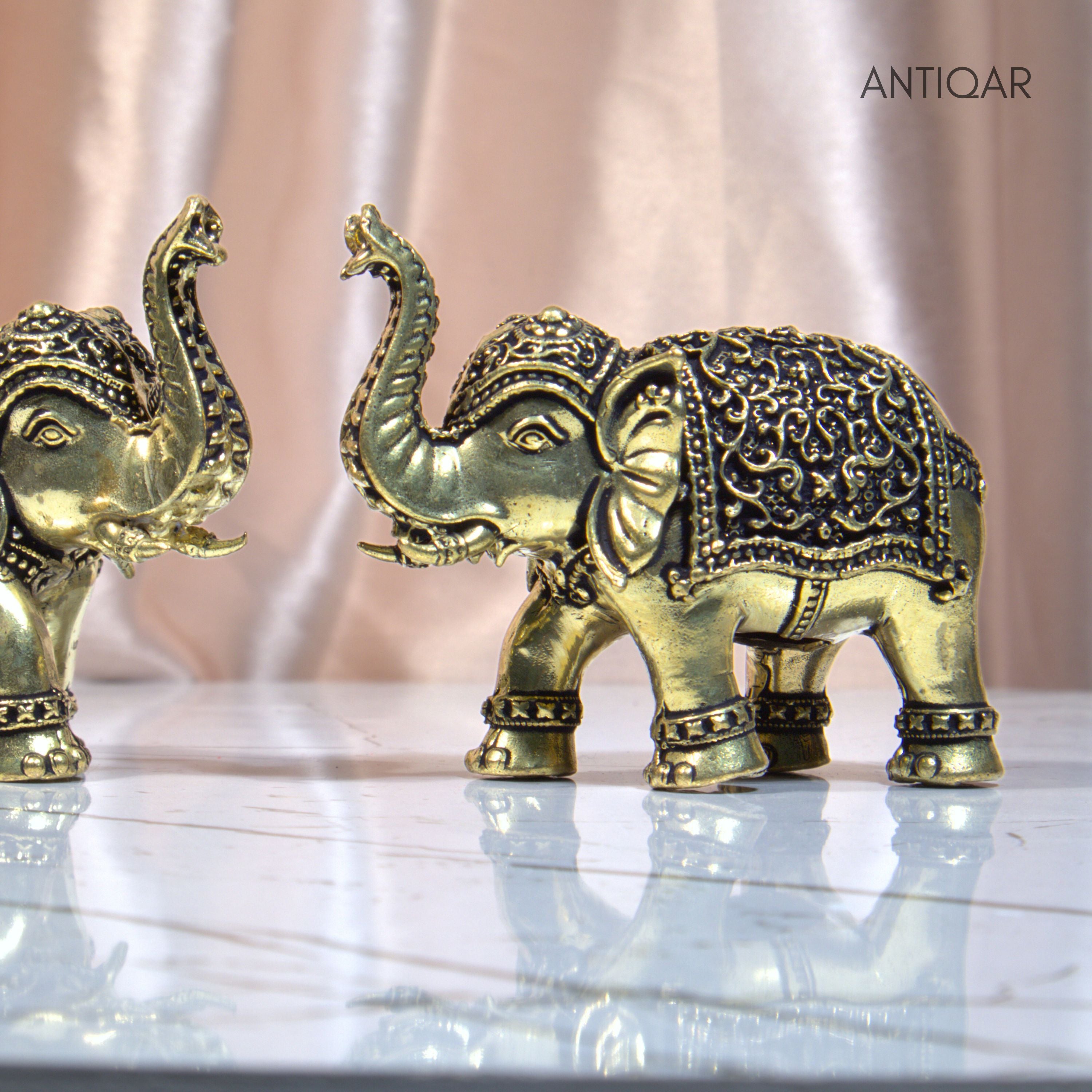Brass Elephant Pair Showpiece in Vintage Design - 5cm | Antique Golden Finish | Decorative Figurines for Temple, Home & Office (Pack of 2)
