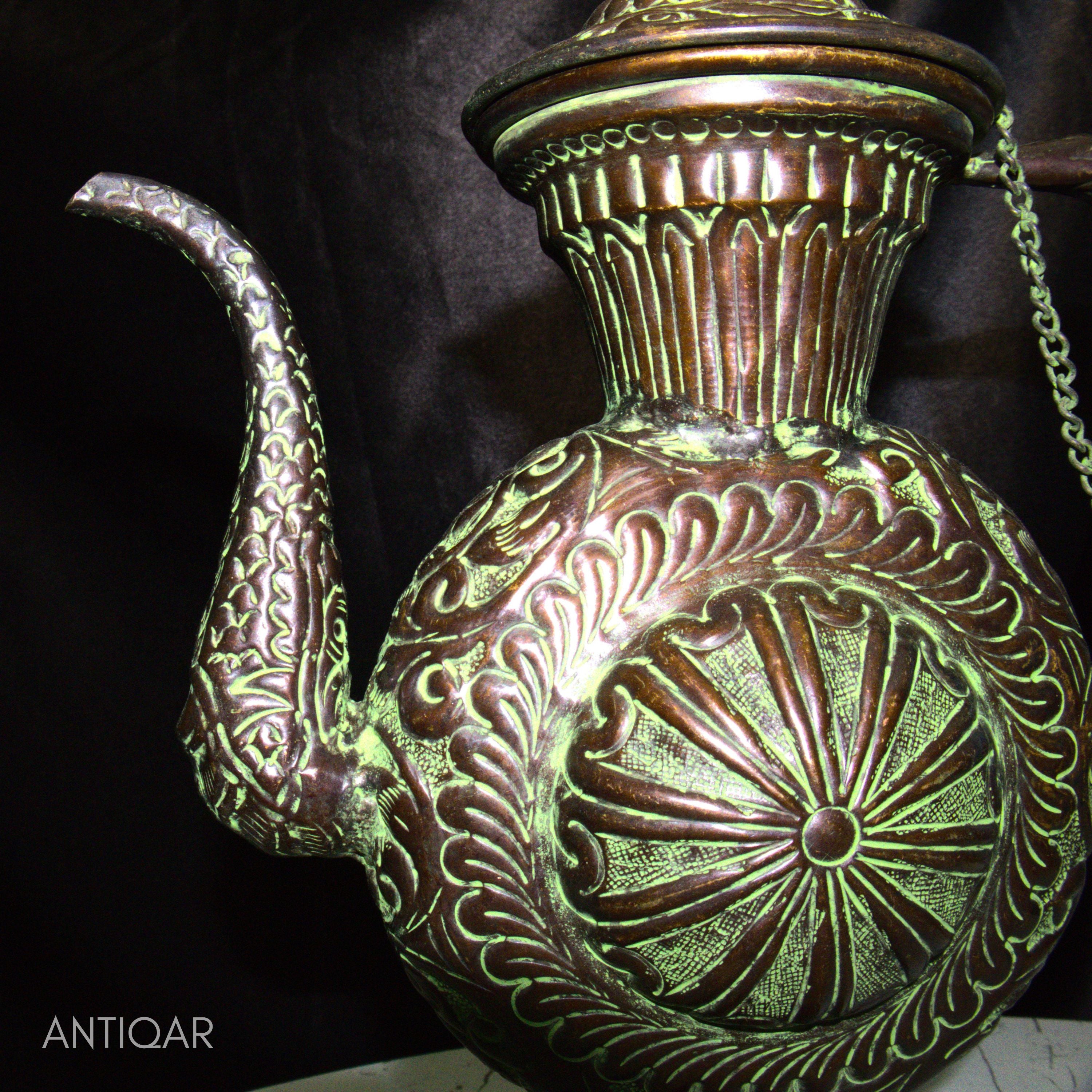 Antique Brass Tea & Coffee Kettle - 29cm | Green Patina Finish | Vintage  Mughlai Style use in Home,Office & Restaurant Decor
