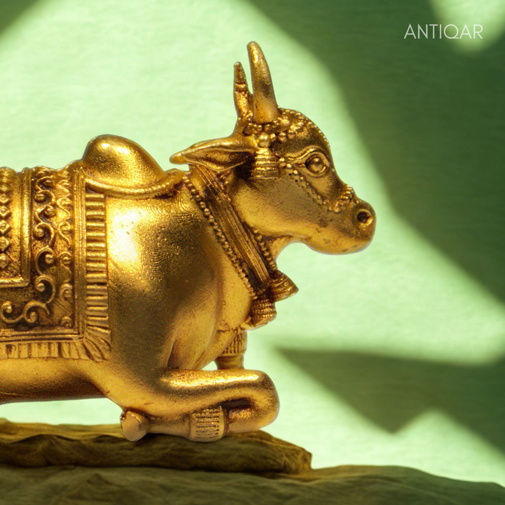 Brass Nandi Figurine - 5cm | Antique Golden Finish | Spritual use for Home, Temple & Car Dashboard Decor