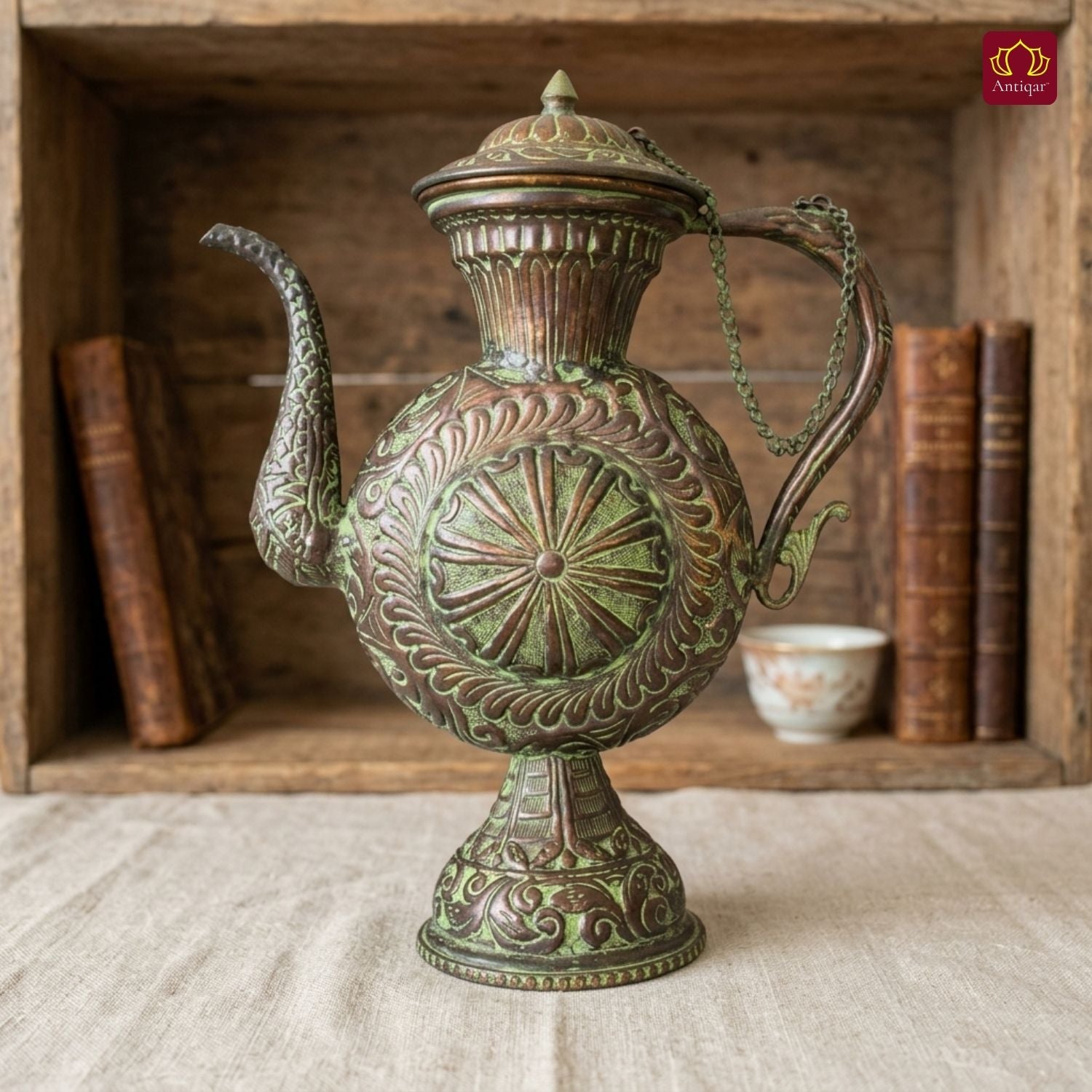 Antique Brass Tea & Coffee Kettle - 29cm | Green Patina Finish | Vintage  Mughlai Style use in Home,Office & Restaurant Decor