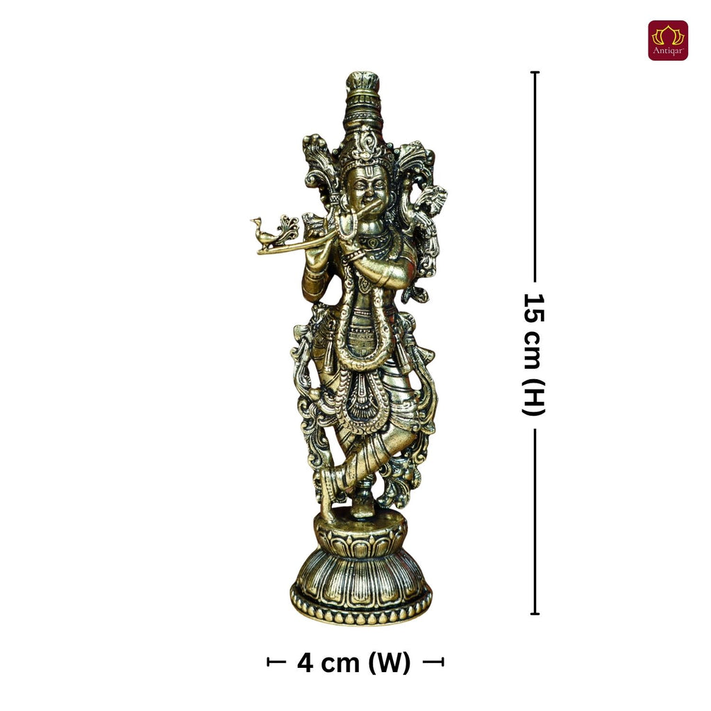 Brass Lord Krishna Idol Playing with Flute - 15cm | Antique Finish | Handcrafted Artwork | Home & Office Decor | Ideal for Gifting & Spiritual Blessings