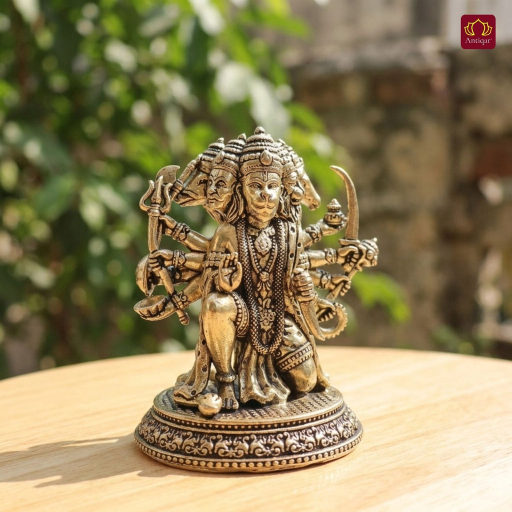 Brass Panchmukhi Hanuman Idol - 8cm | Antique Finish | Spritual use for Home, Temple & Car Dashboard Decor