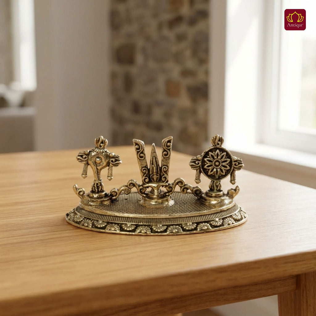 Vaishnava Symbols (Shankha , Tilak & Chakra) - 4cm| Golden Finish | Spiritual Use for Home, Temple & Car Dashboard Decor