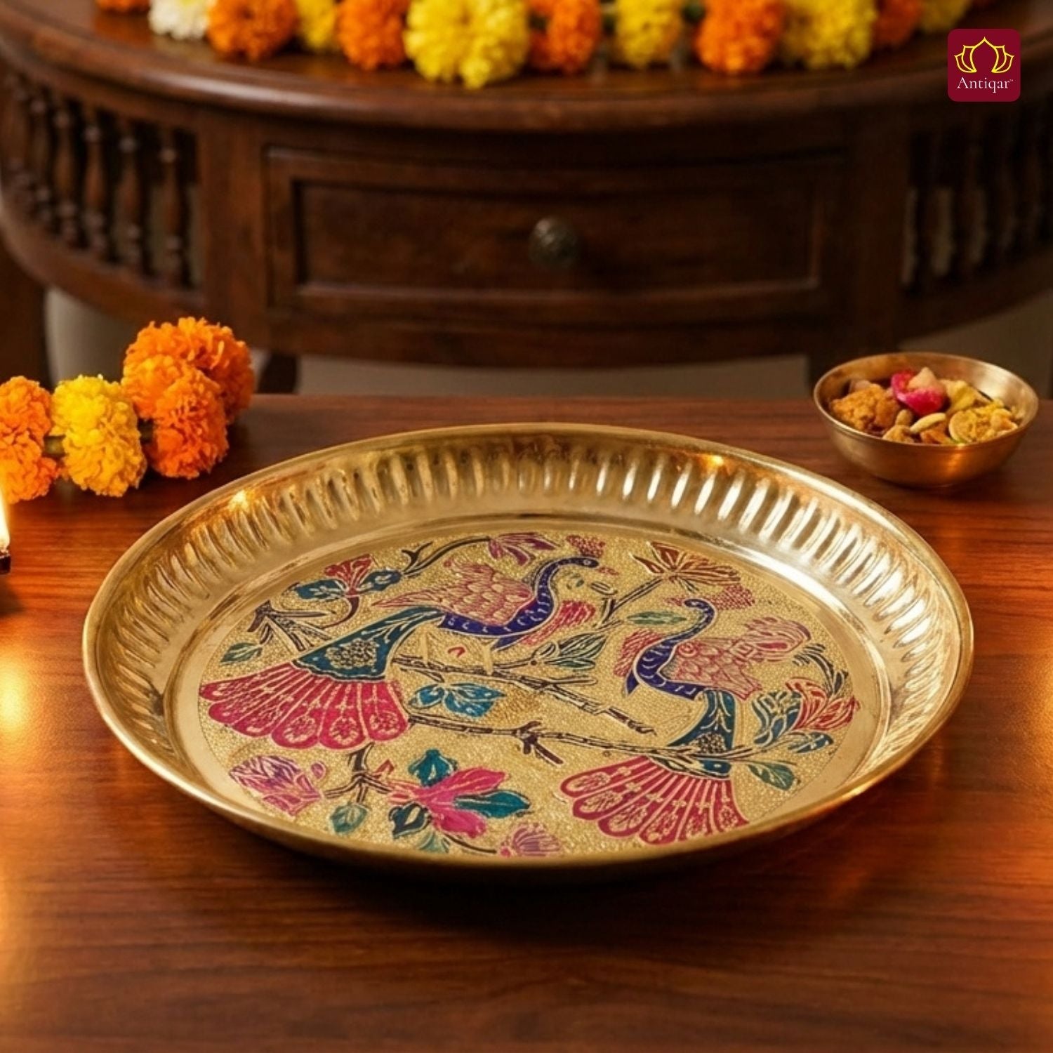 Brass Meenakari Etched Plate – 3cm | Embossed Peacock & Floral Design | Ideal for Serving Sweets, Fruits & Bhog Offerings