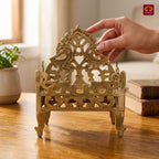 Brass Twin Peacock Embossed Design Laddu Gopal Singhasan – 19cm | Antique Golden Finish | Handcrafted Medium Size Throne for Temple, Home & Festival Decor