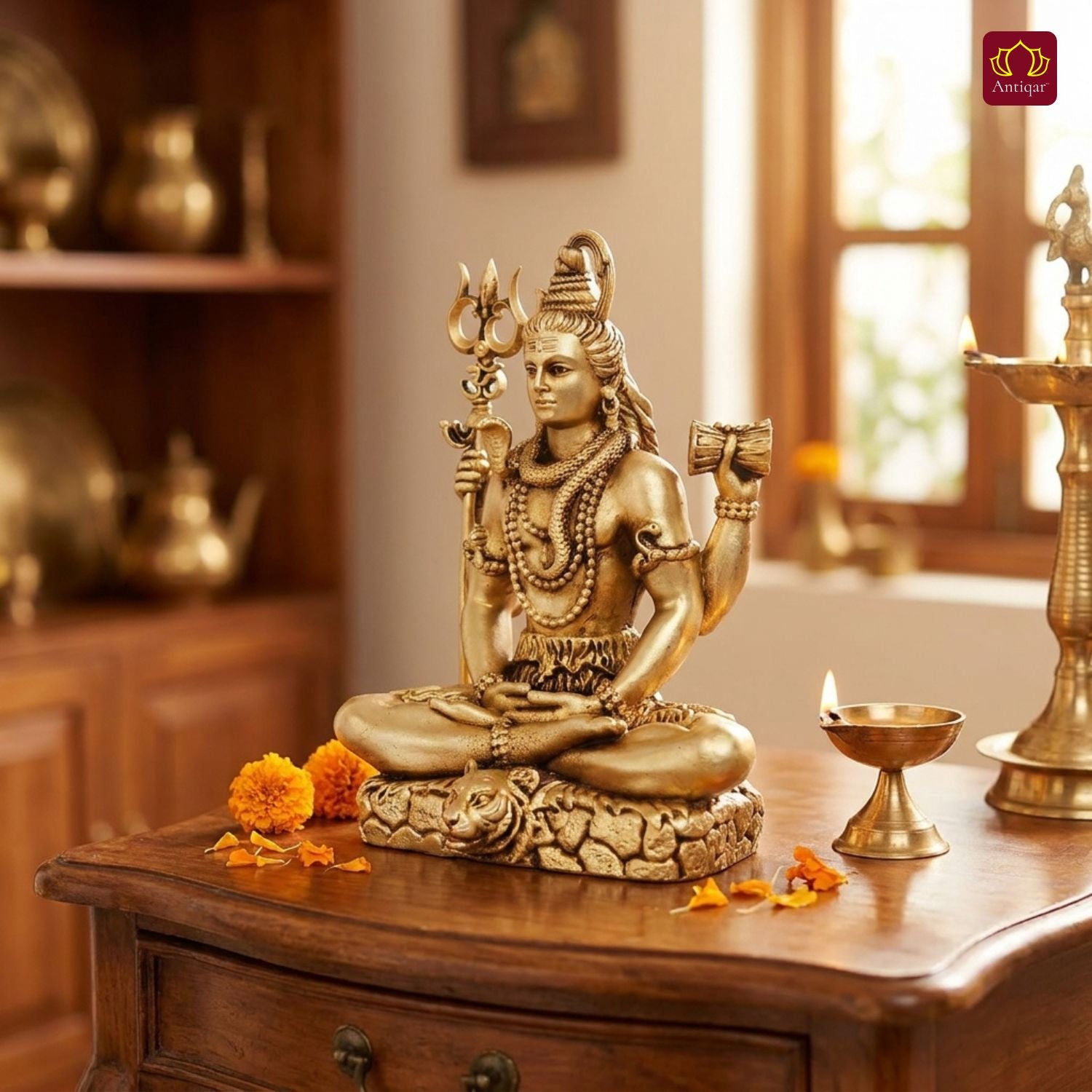 Brass Shiv Ji Idol - 12.5 cm | Antique Finish with Trisul | Spiritual use for Temple, Home & Car Decor