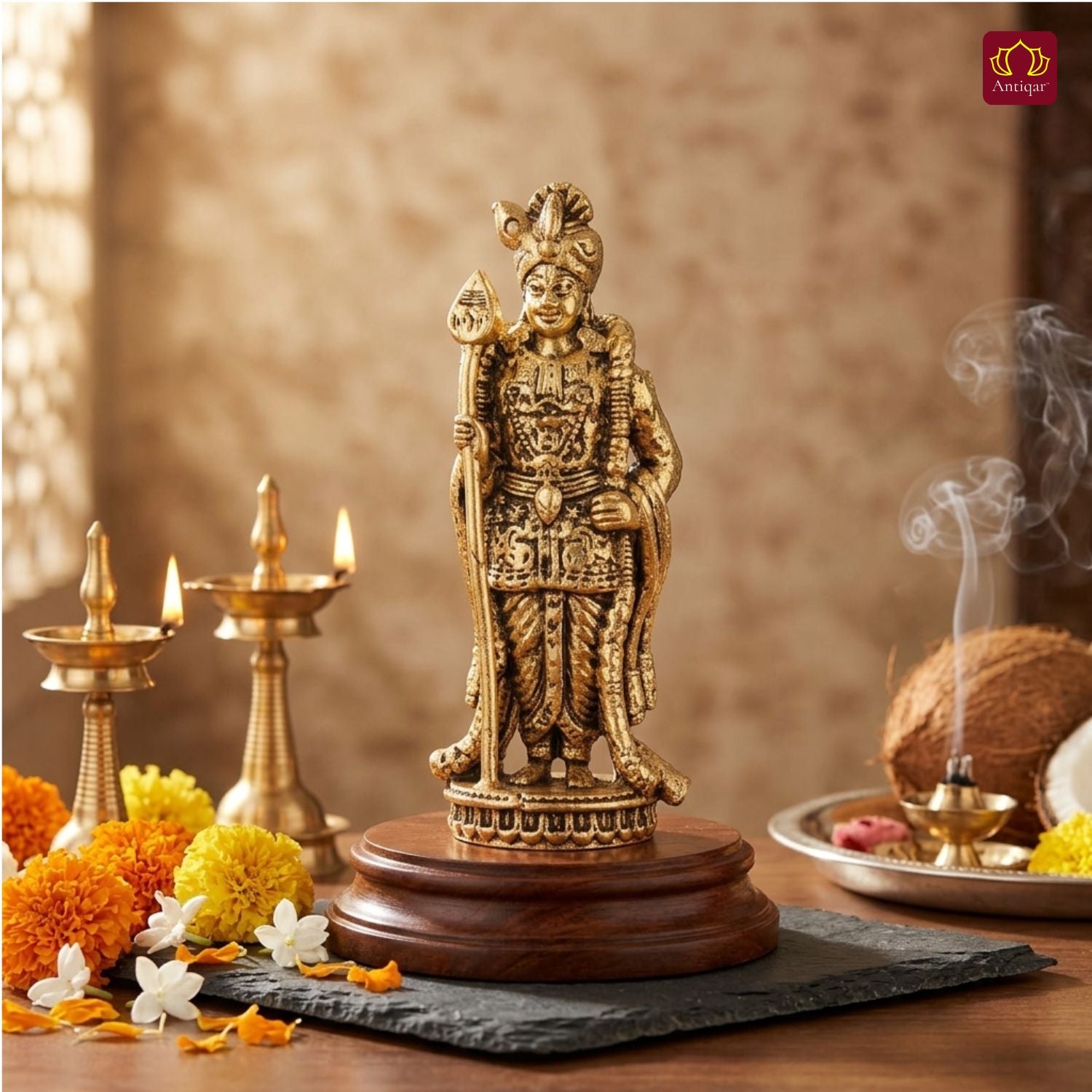 Brass Lord Palani Murugan Ji Idol - 7.5cm | Golden Finish | Spritual use for Home, Temple & Car dashboard Decor