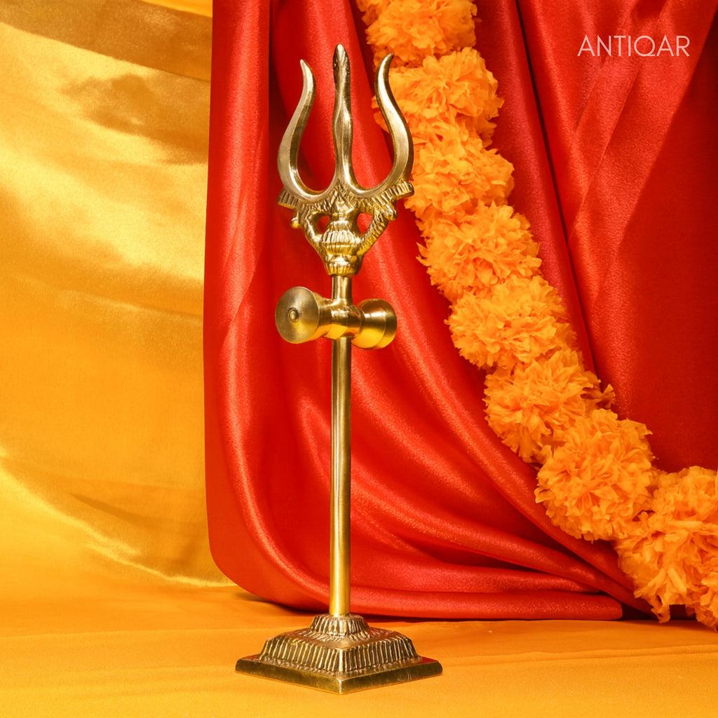 Brass Trisul with Detachable Square Base - 25cm | Antique Golden Finish | Handcrafted for Pooja Temple & Festival Decor