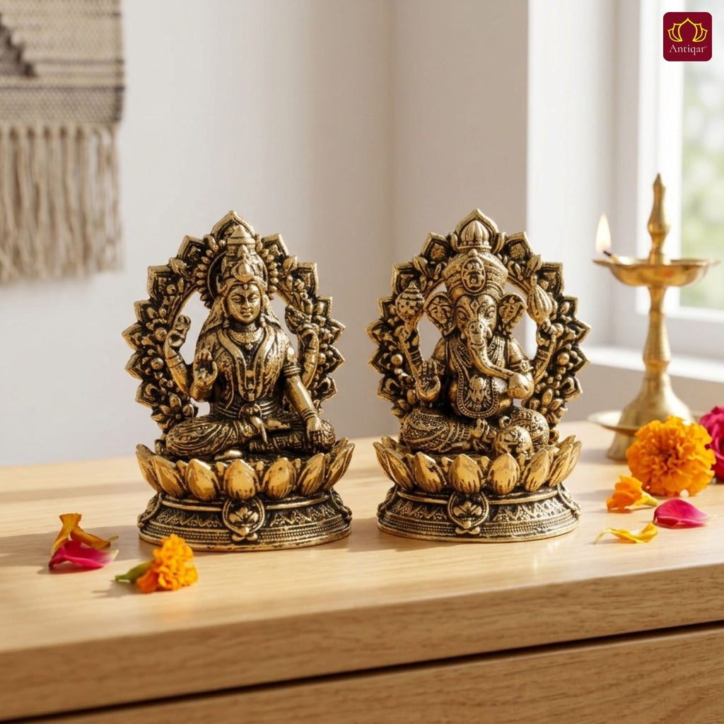 Brass Ganesh Laxmi Pair Idol - 4 cm | Golden Finish With Frame | Spiritual Idol for Temple & Home Decor