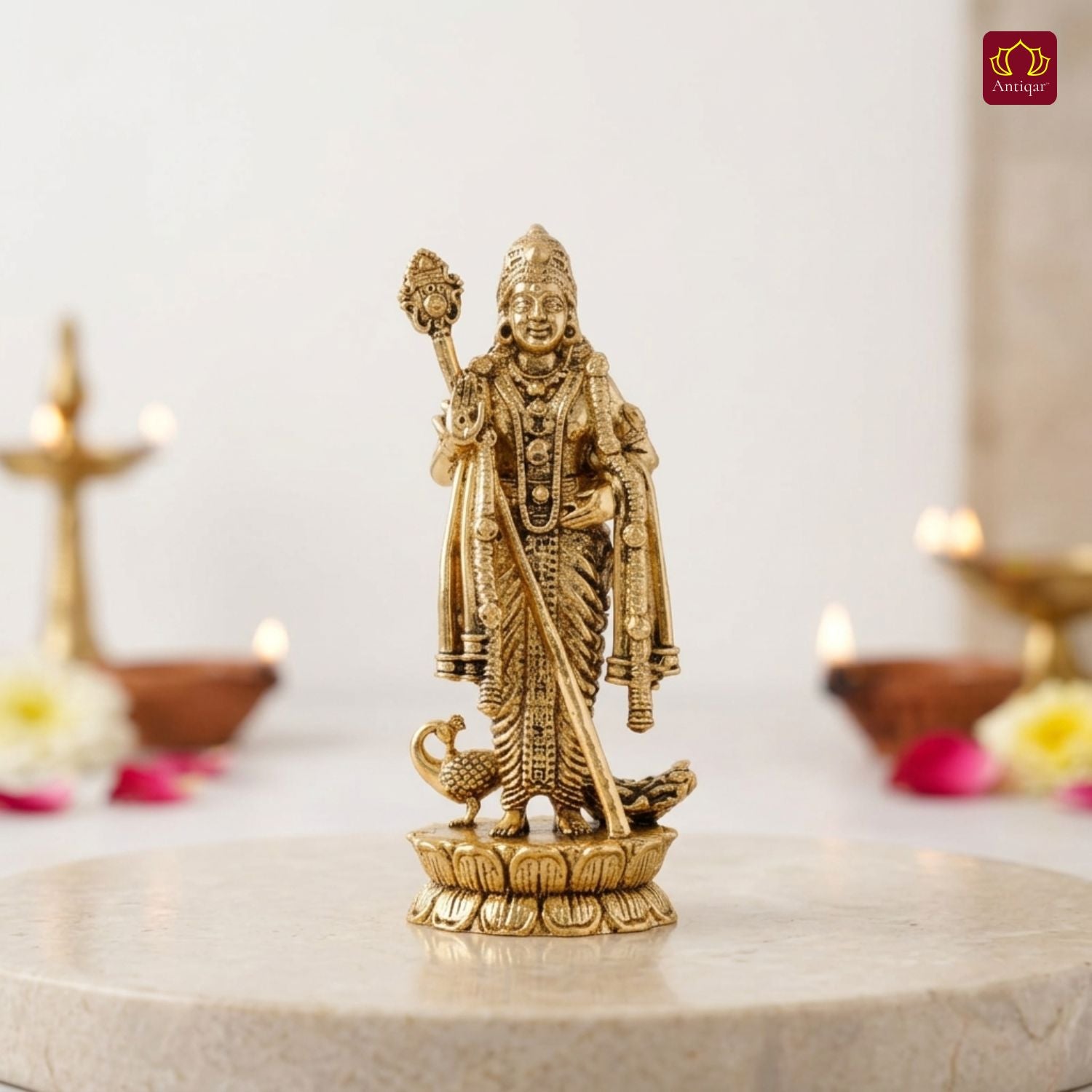 Brass Kartikeya Ji Idol -7.5cm | Golden Finish | Spritual use for Home, Temple & Car Dashboard Decor
