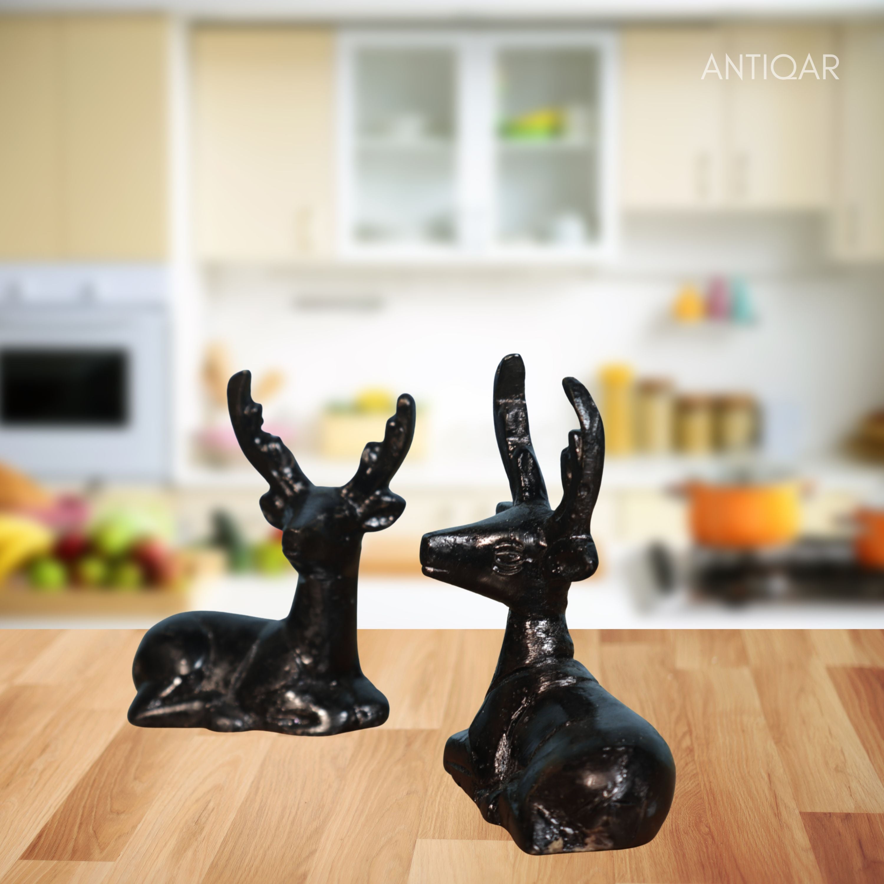 Brass Black Deer Pair Showpiece – 6 cm | Handcrafted Decorative Figurines for Temple, Home & Car Dashboard