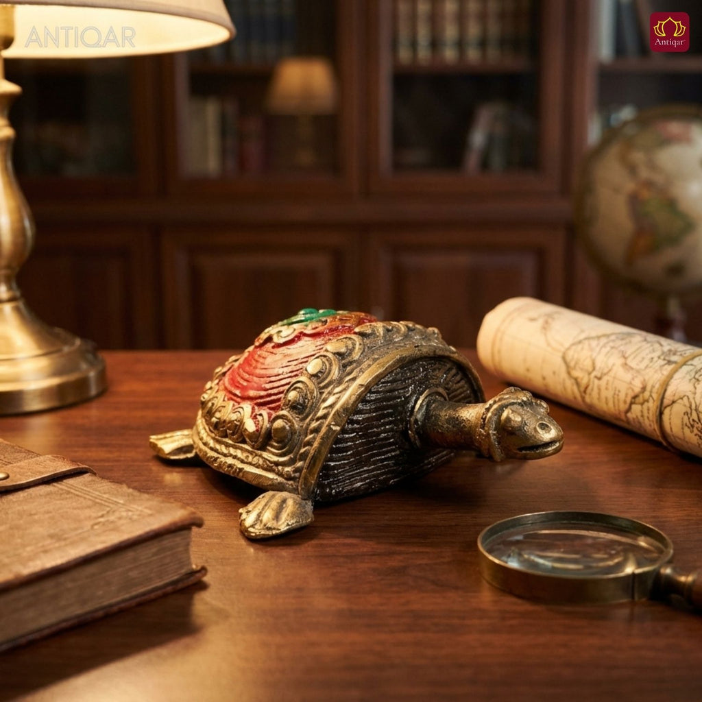 Dhokra Art Brass Turtle – 3 cm | Red Antique Finish | Tribal Handcrafted Showpiece for Temple, Home & Table Decor