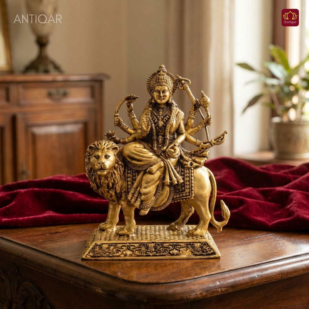 Brass Sherawali Maa Idol - 10.5cm | Antique Golden Finish | Spiritual Idol for Temple & Home Decor