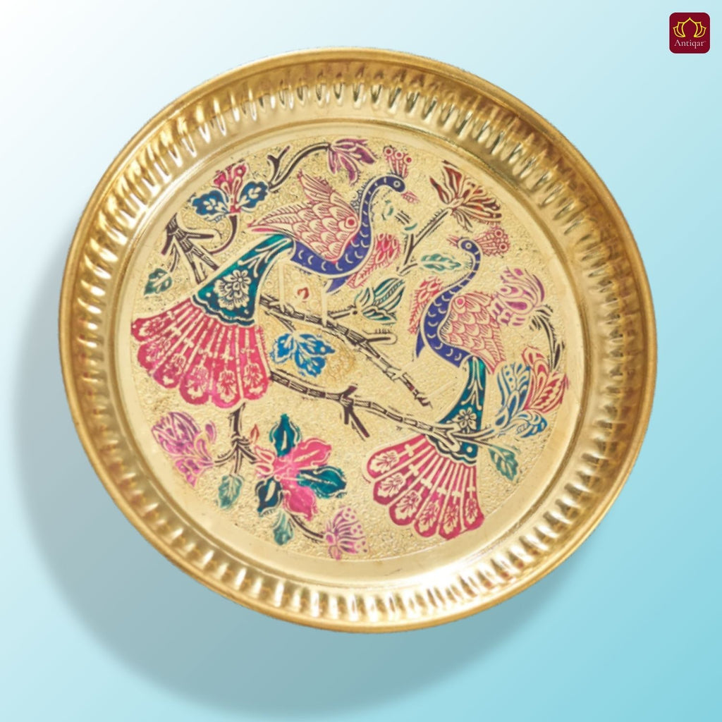 Brass Meenakari Etched Plate – 18 cm | Embossed Peacock & Floral Design | Ideal for Serving Sweets, Fruits & Bhog Offerings