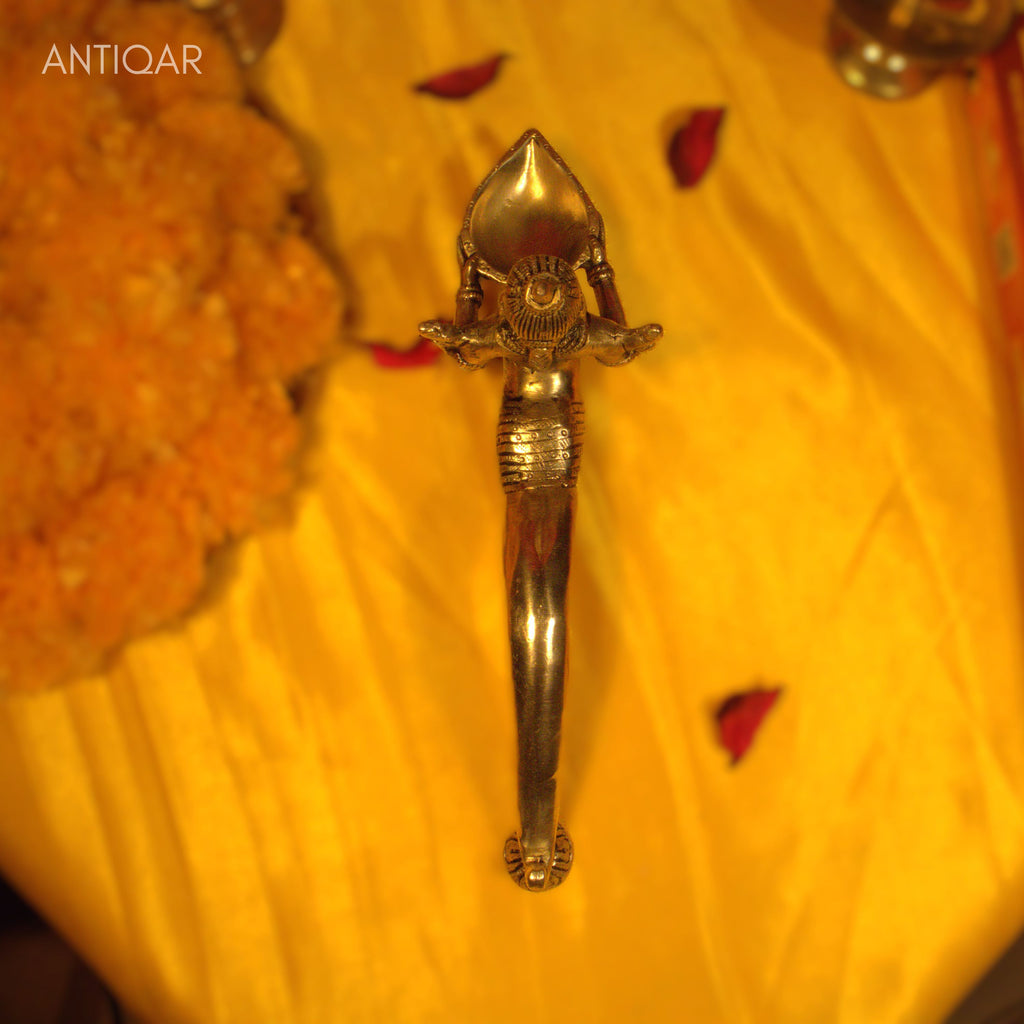 Brass Mermaid (Jalpari) Design Aarti Diya with Handle - 11cm | Antique Finish | Handcrafted item for Temple, Festive & Spritual Use