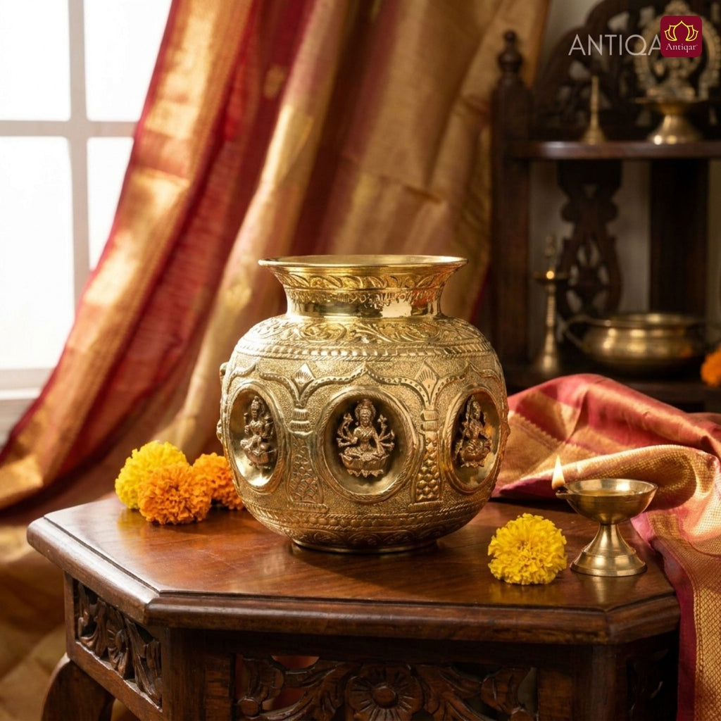 Brass Ashta Lakshmi Kalash - 18cm | Antique Yellow Finish | Spritual use for Pooja, Temple & Festival Decor